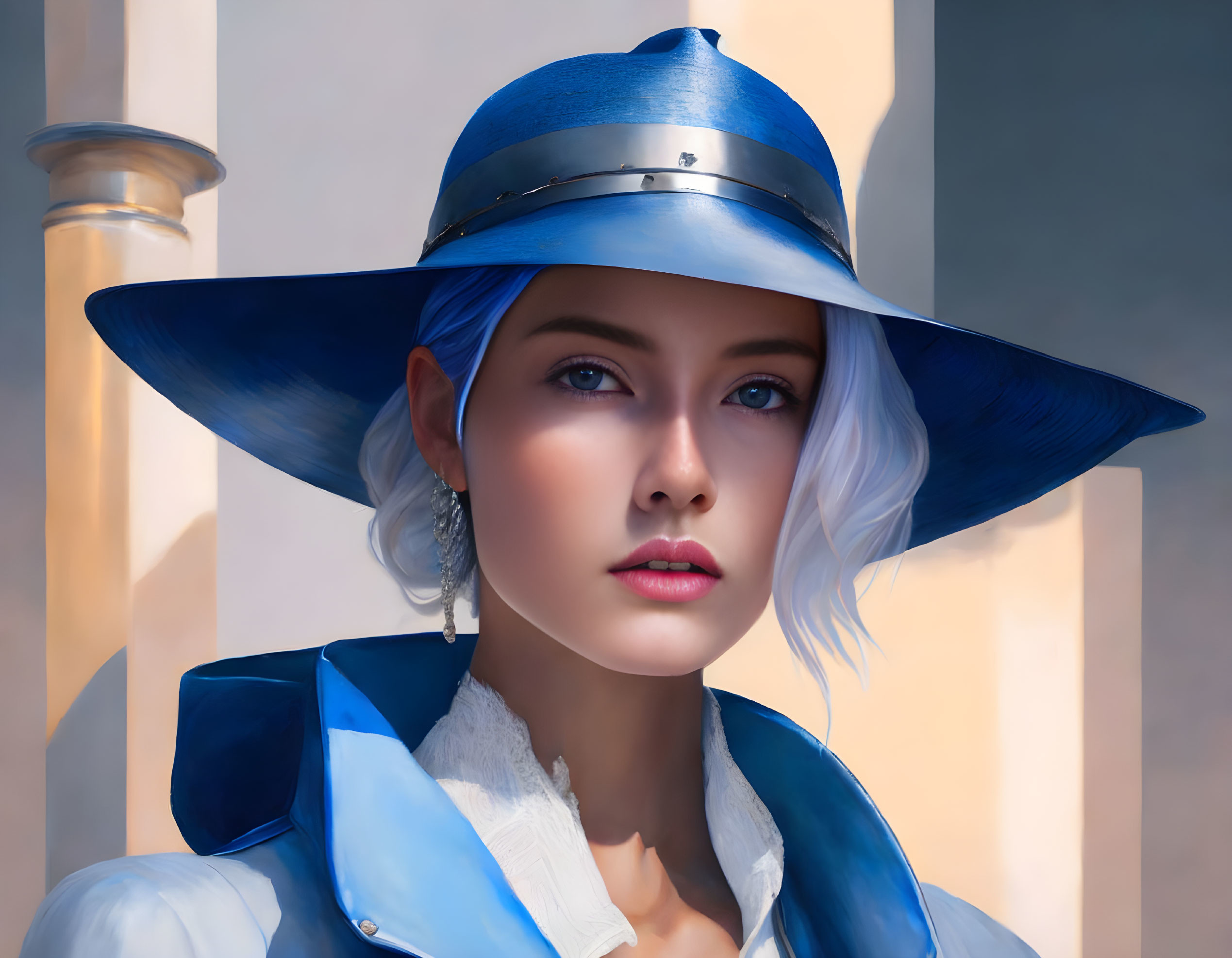 Woman with Blue Hat and Blue Eyes in Digital Painting