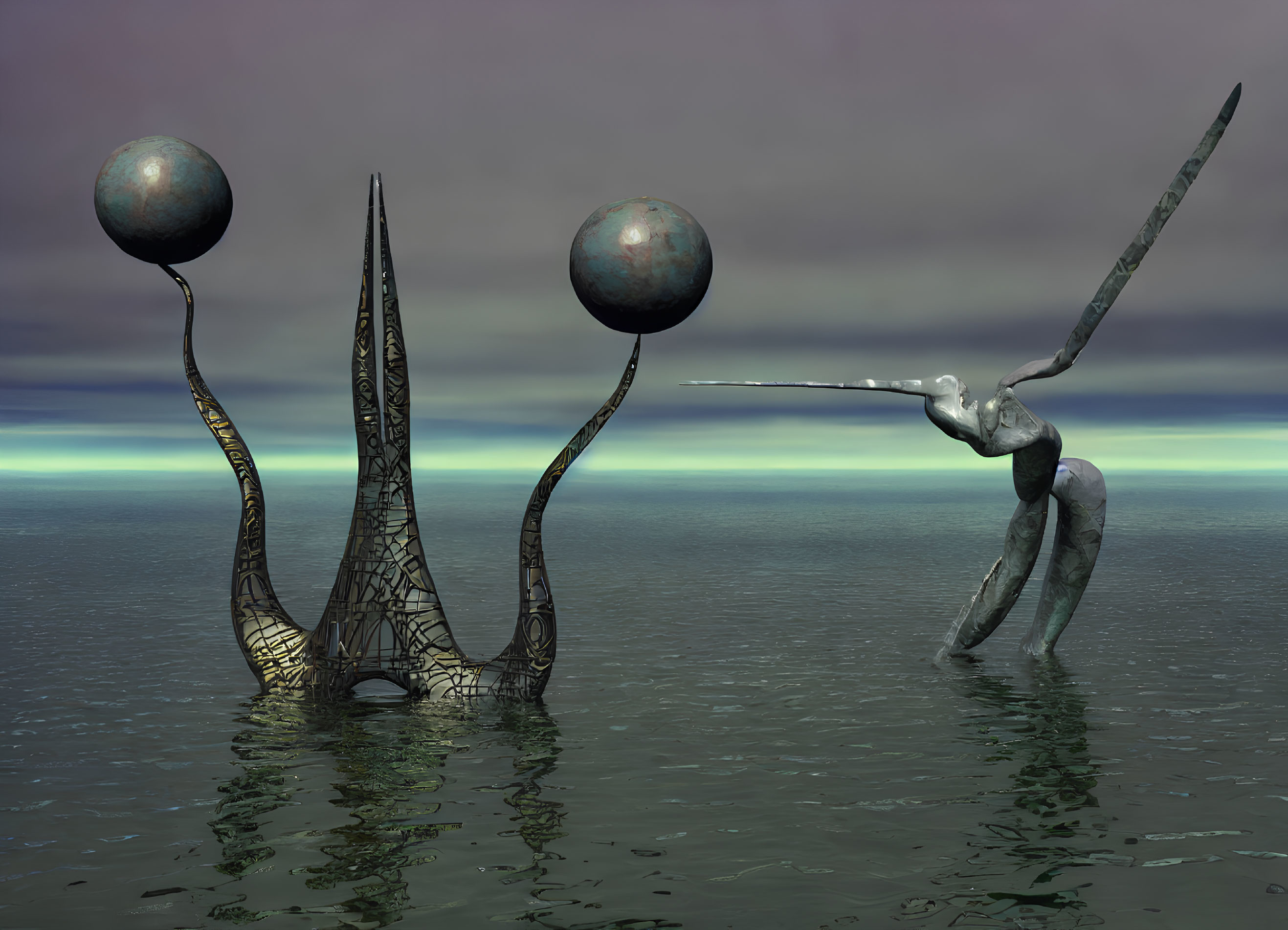 Surreal landscape with humanoid figure, spear, abstract structures, and orbs under cloudy sky