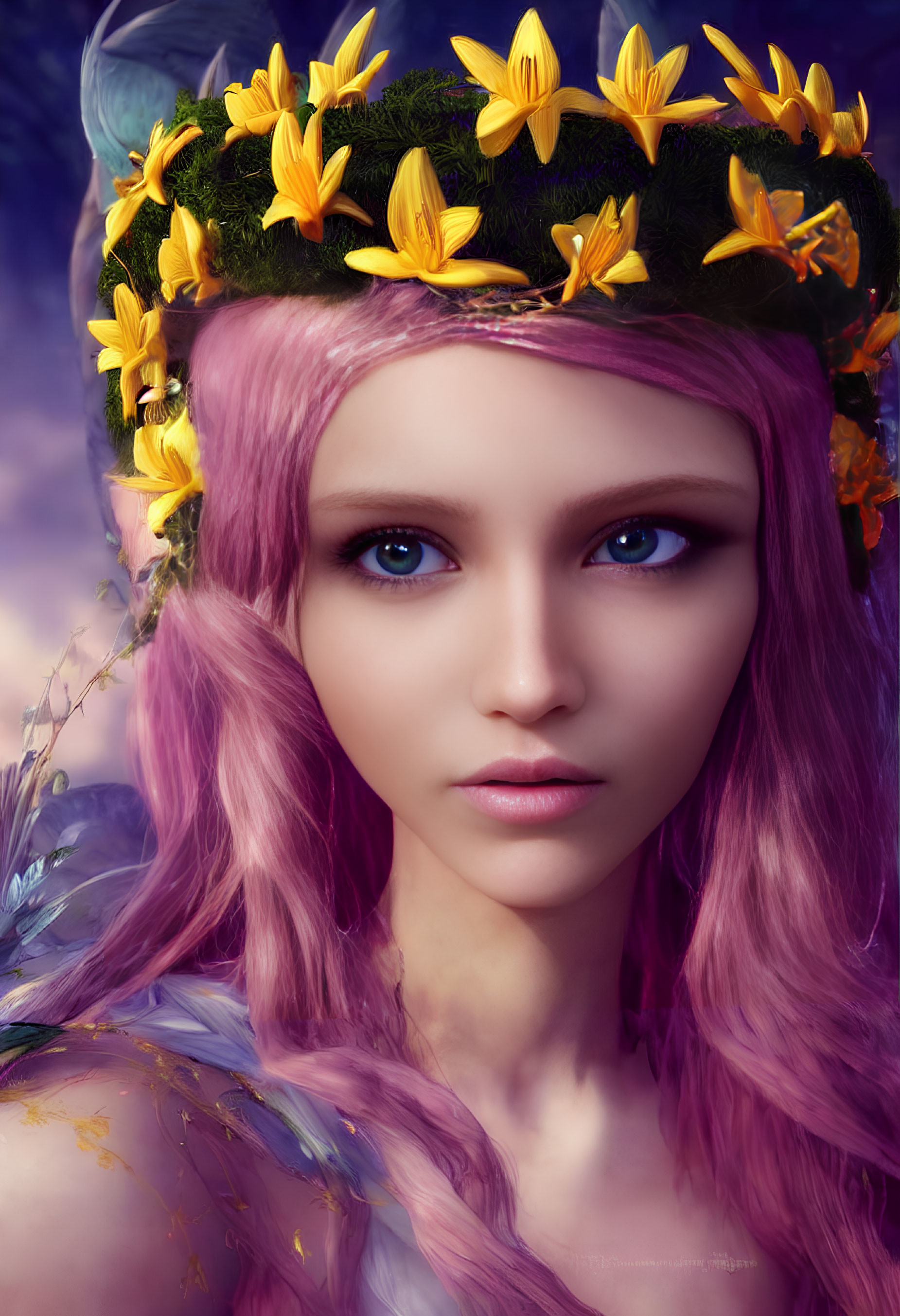 Digital artwork featuring person with pink hair, yellow flower wreath, blue eyes, purple backdrop