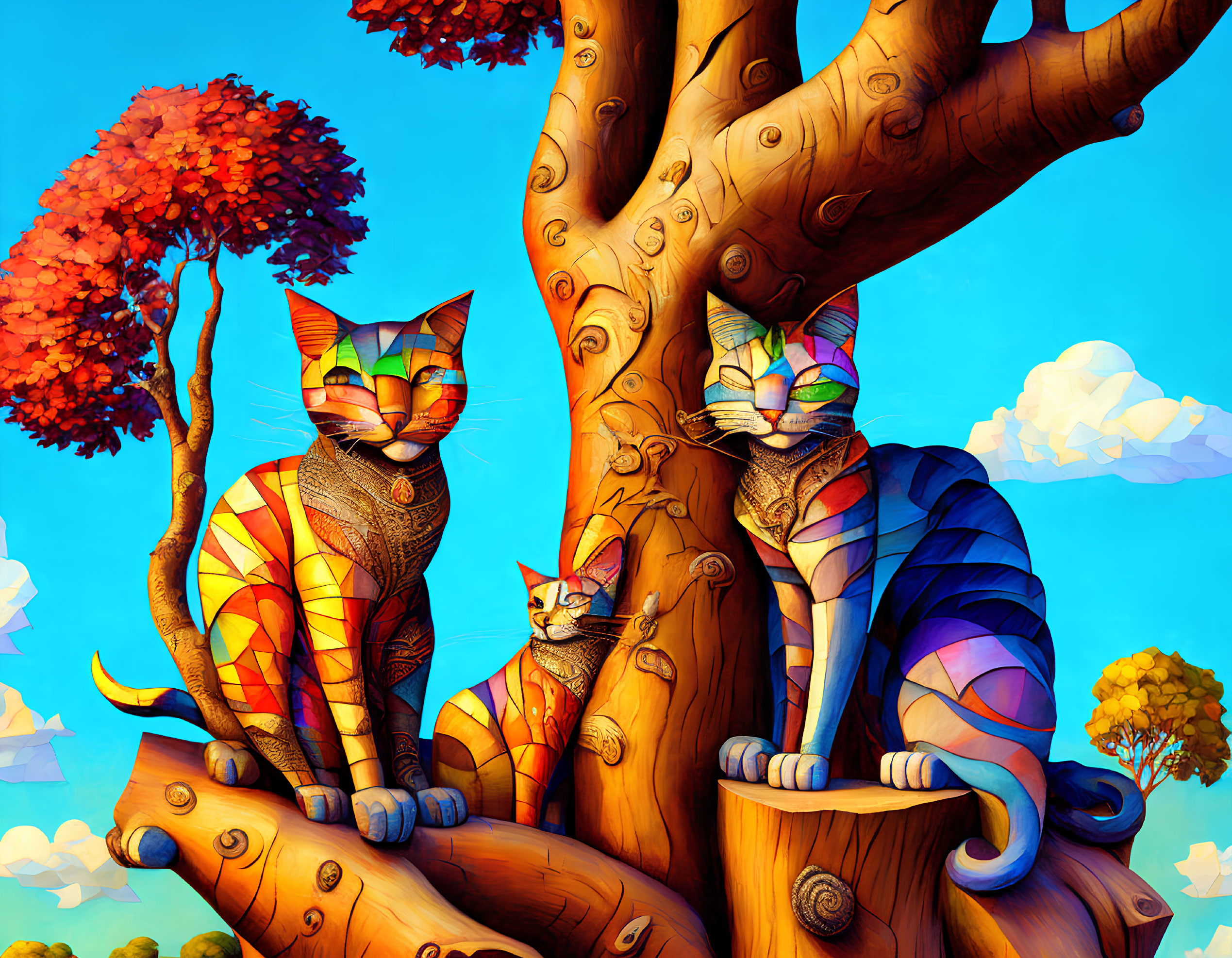 Colorful Patterned Cats in Tree Against Blue Sky with Clouds & Autumn Tree