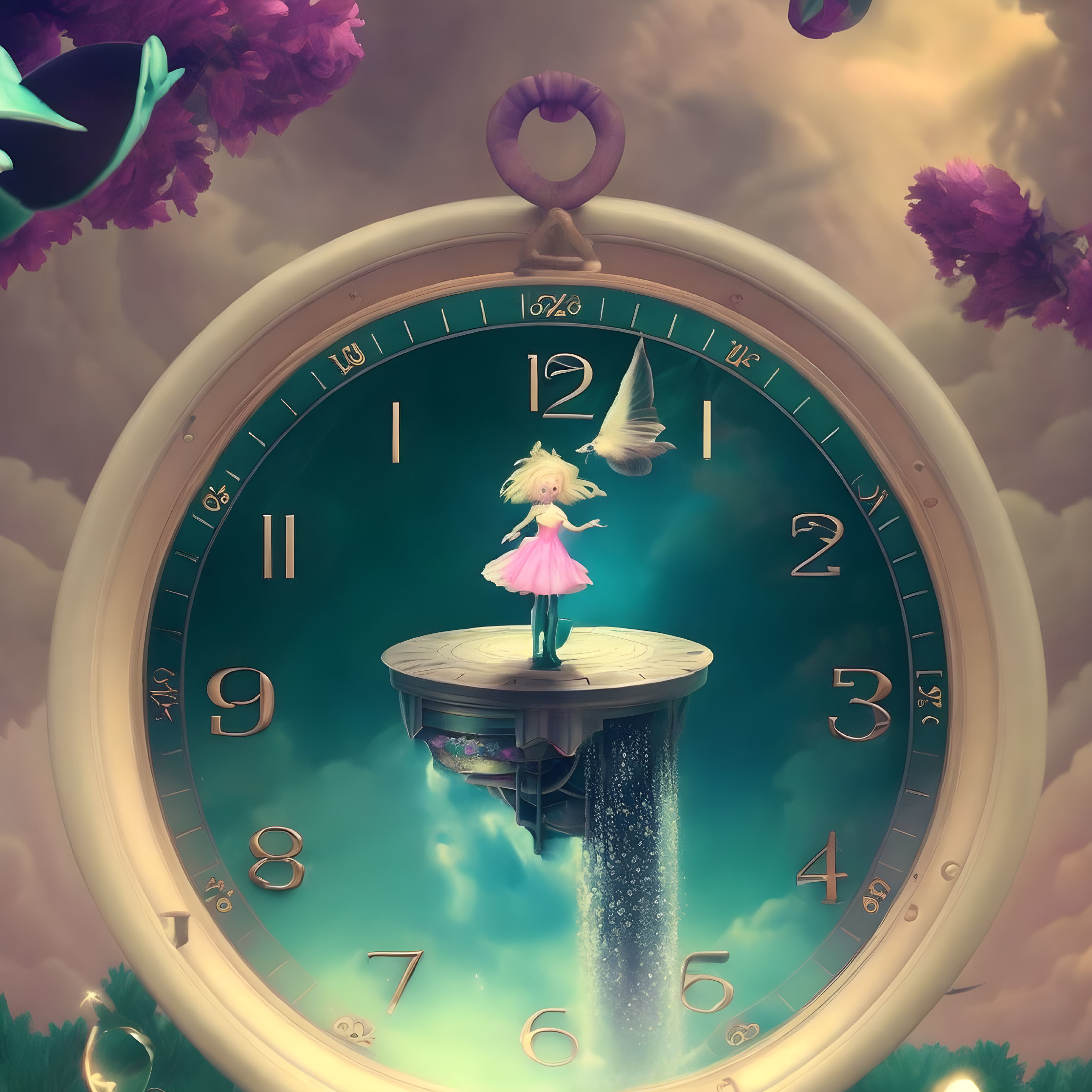 Whimsical girl on platform with clock face, floating islands, surreal sky