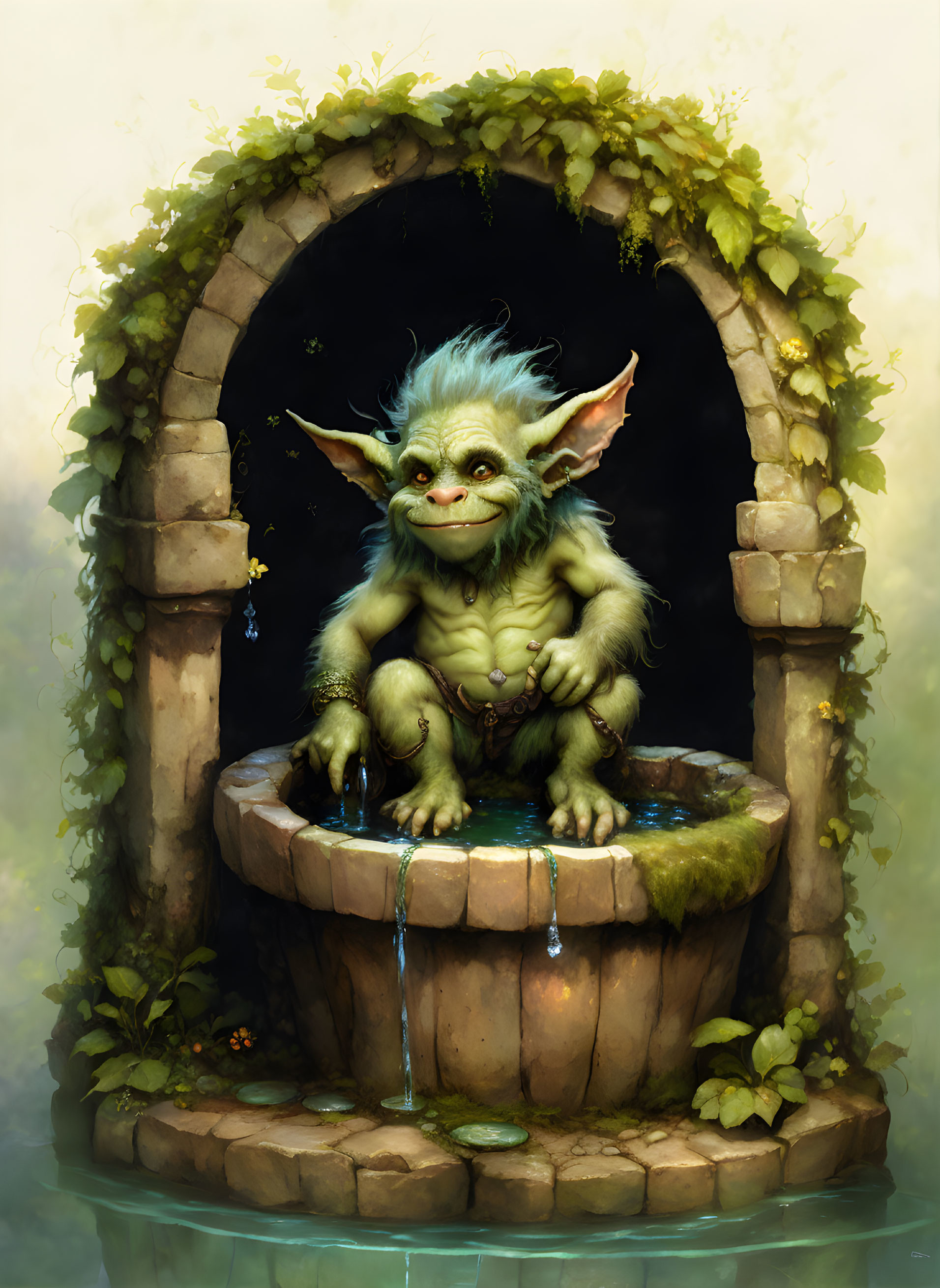  A hairy goblin troll sitting in a wishing weii