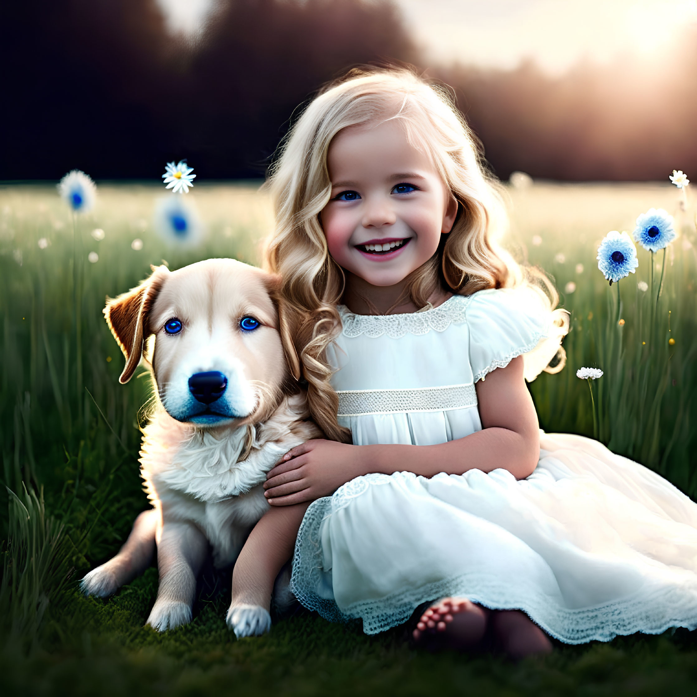 Smiling girl in white dress with puppy in grassy field at golden hour