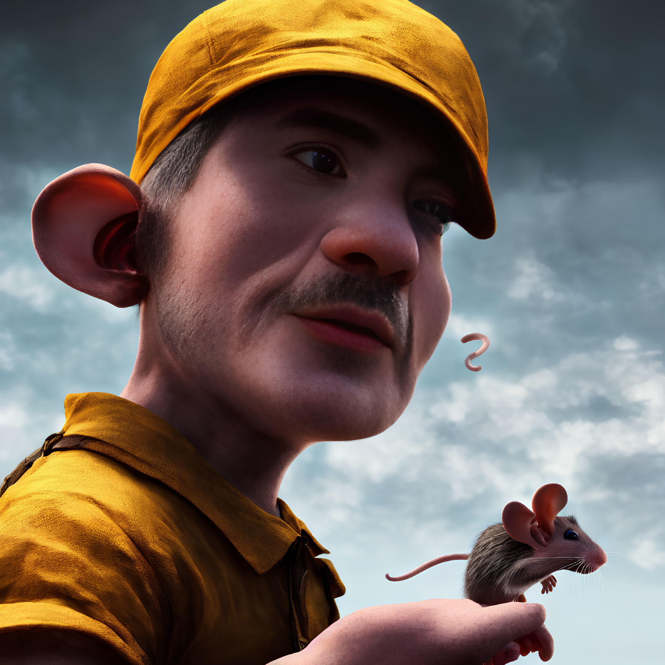 Man with Large Ears and Yellow Cap Holding Mouse Under Cloudy Sky