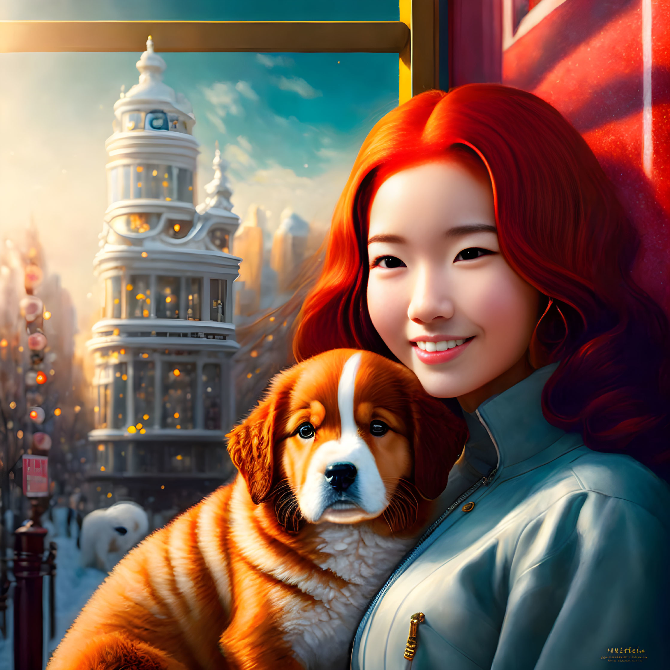 Smiling woman with red hair cuddling Bernese Mountain Dog puppy in city setting