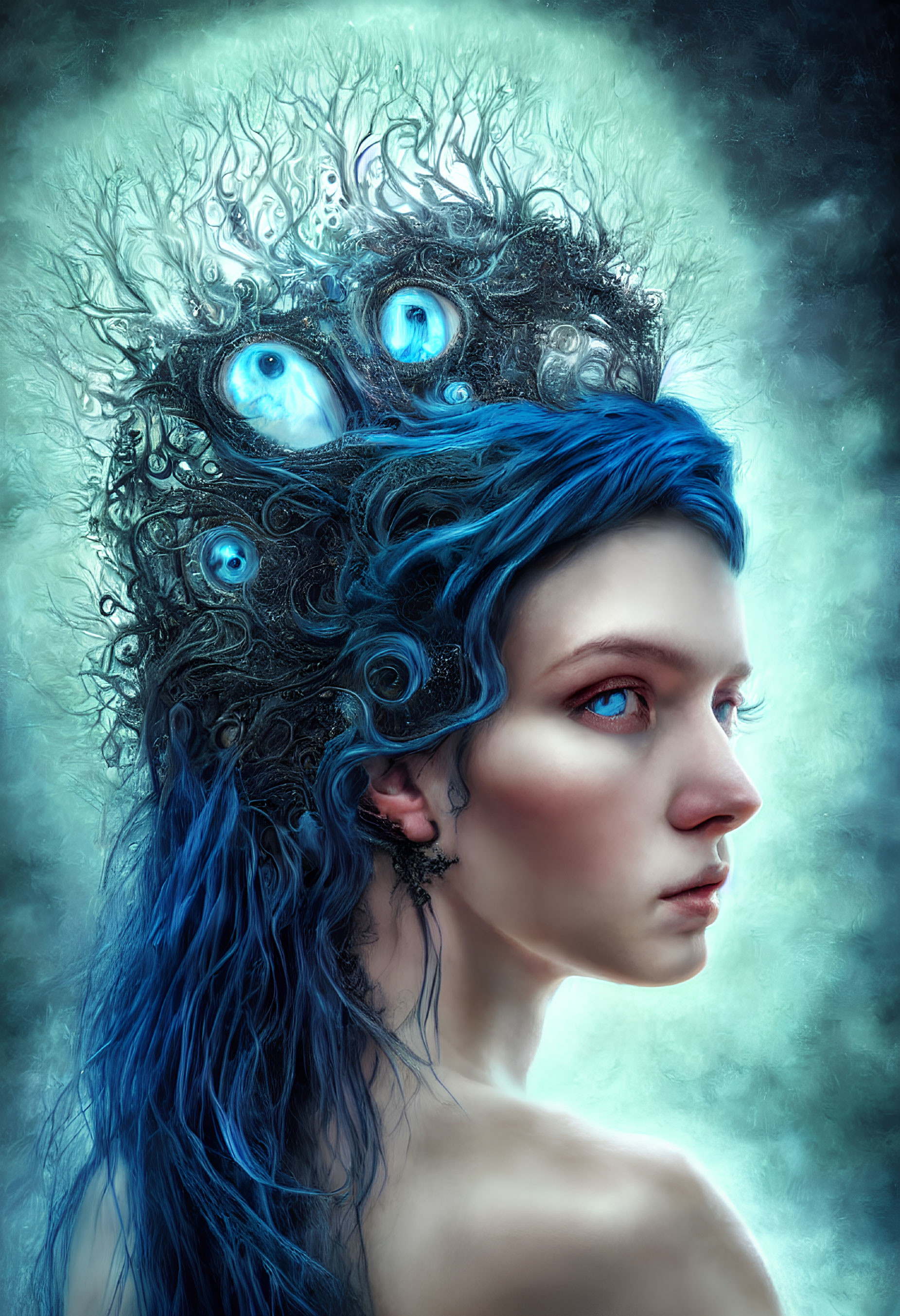 Vibrant blue hair and luminous eyes in surreal portrait