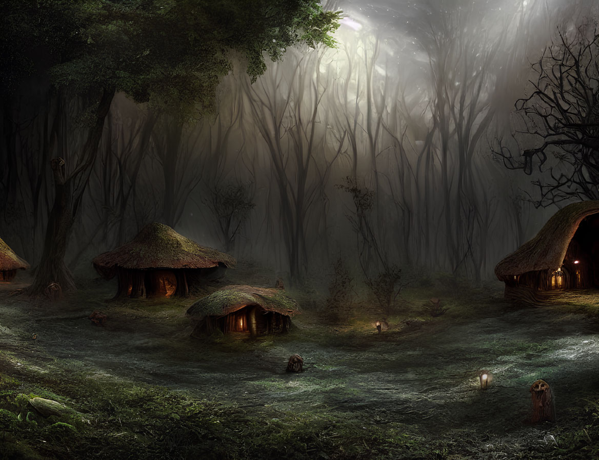Mystical forest scene with thatched-roof huts and glowing lanterns