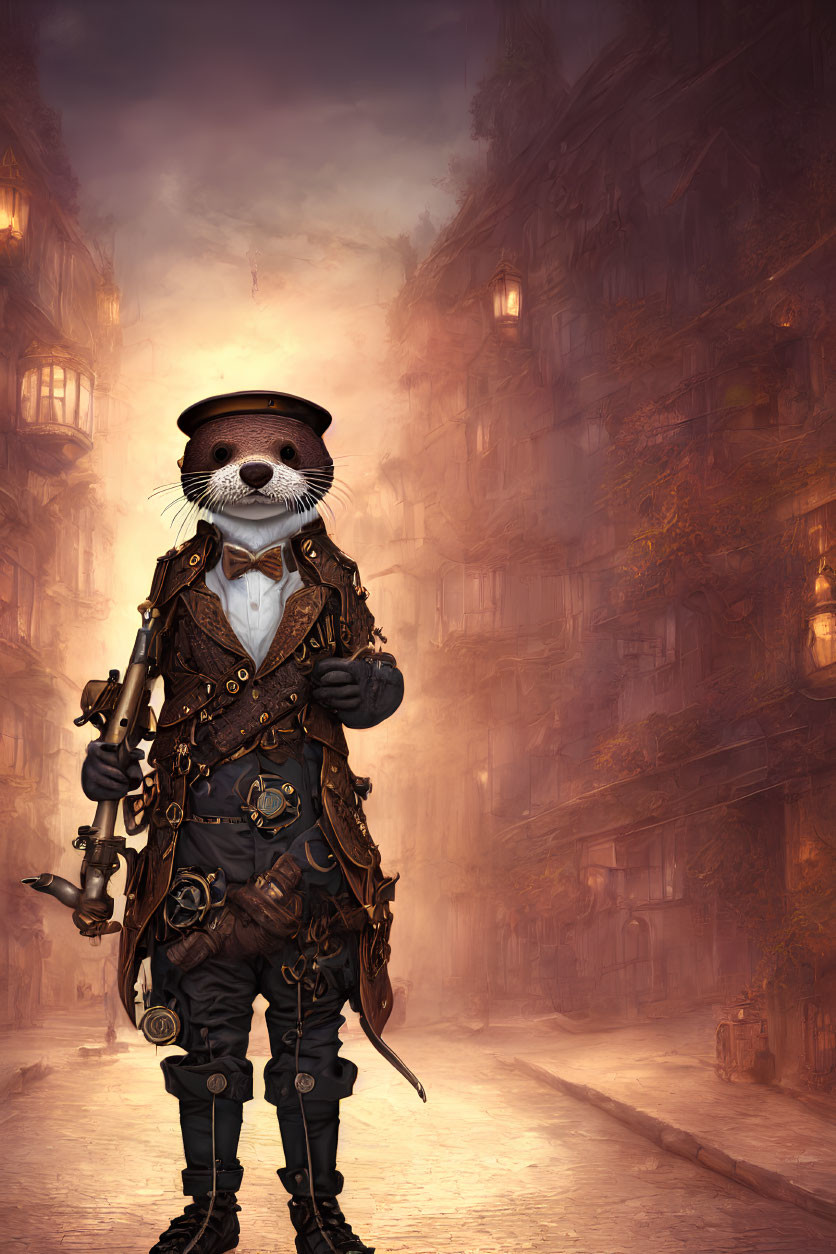 Steampunk-themed anthropomorphic otter in Victorian street with mechanical arm