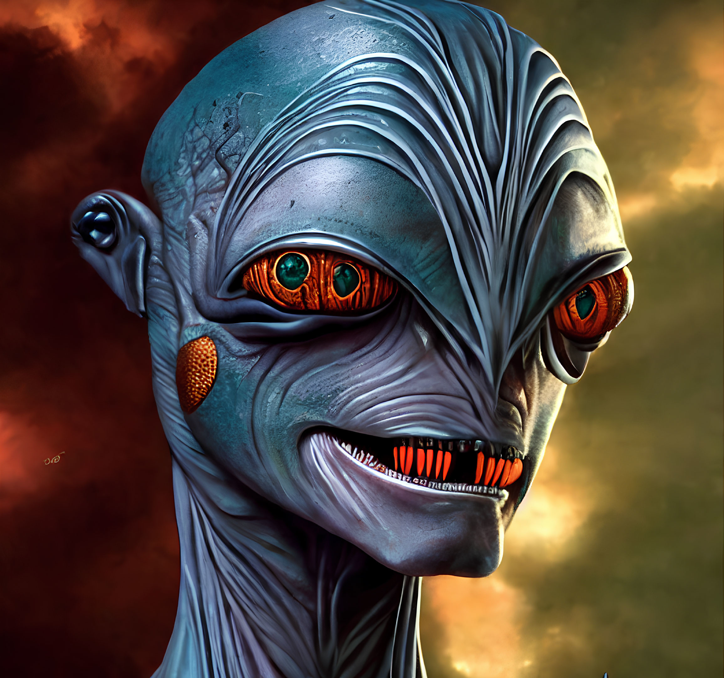 Alien creature with blue-gray skin and orange eyes on fiery background