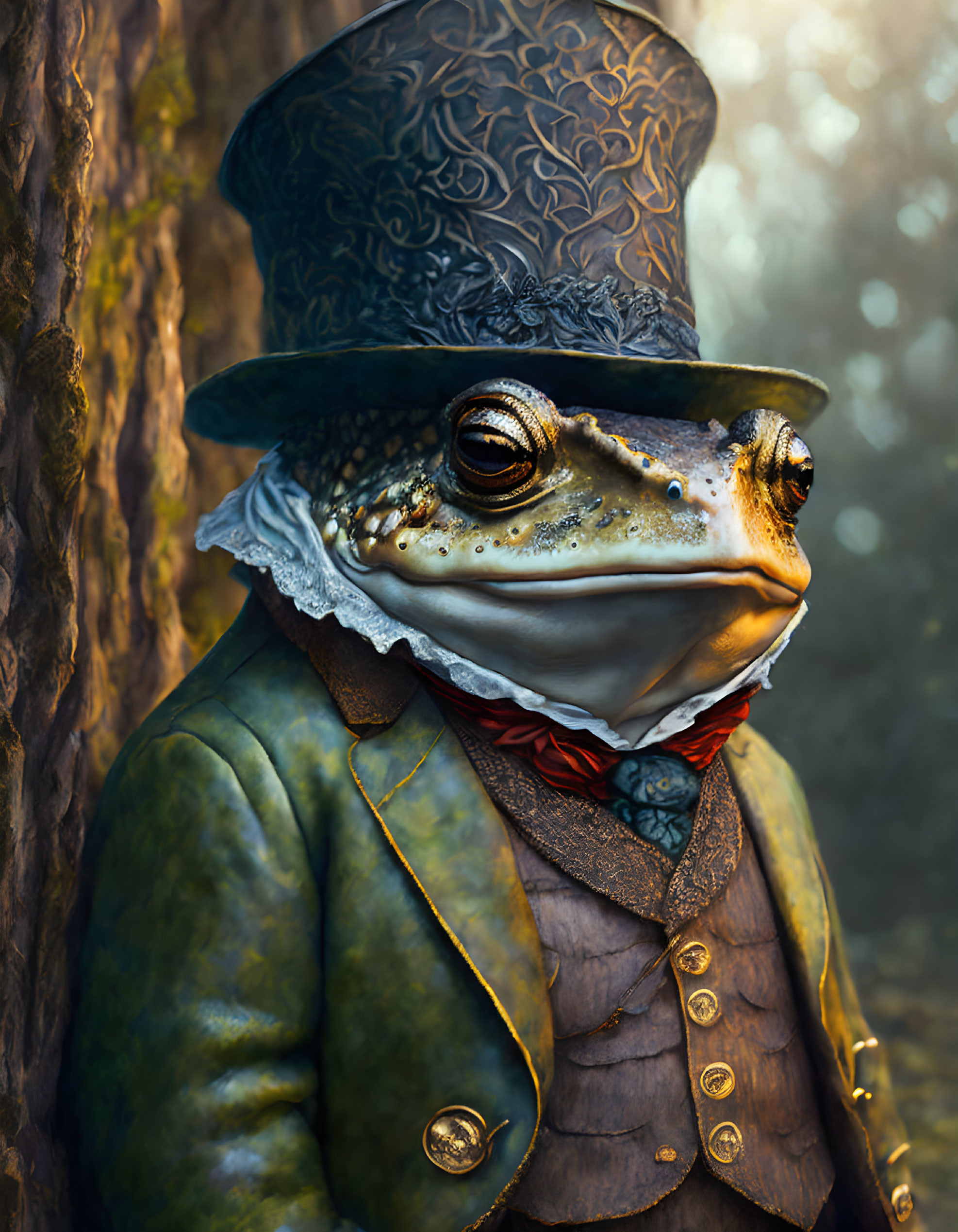 Anthropomorphic frog in Victorian attire leaning on tree trunk