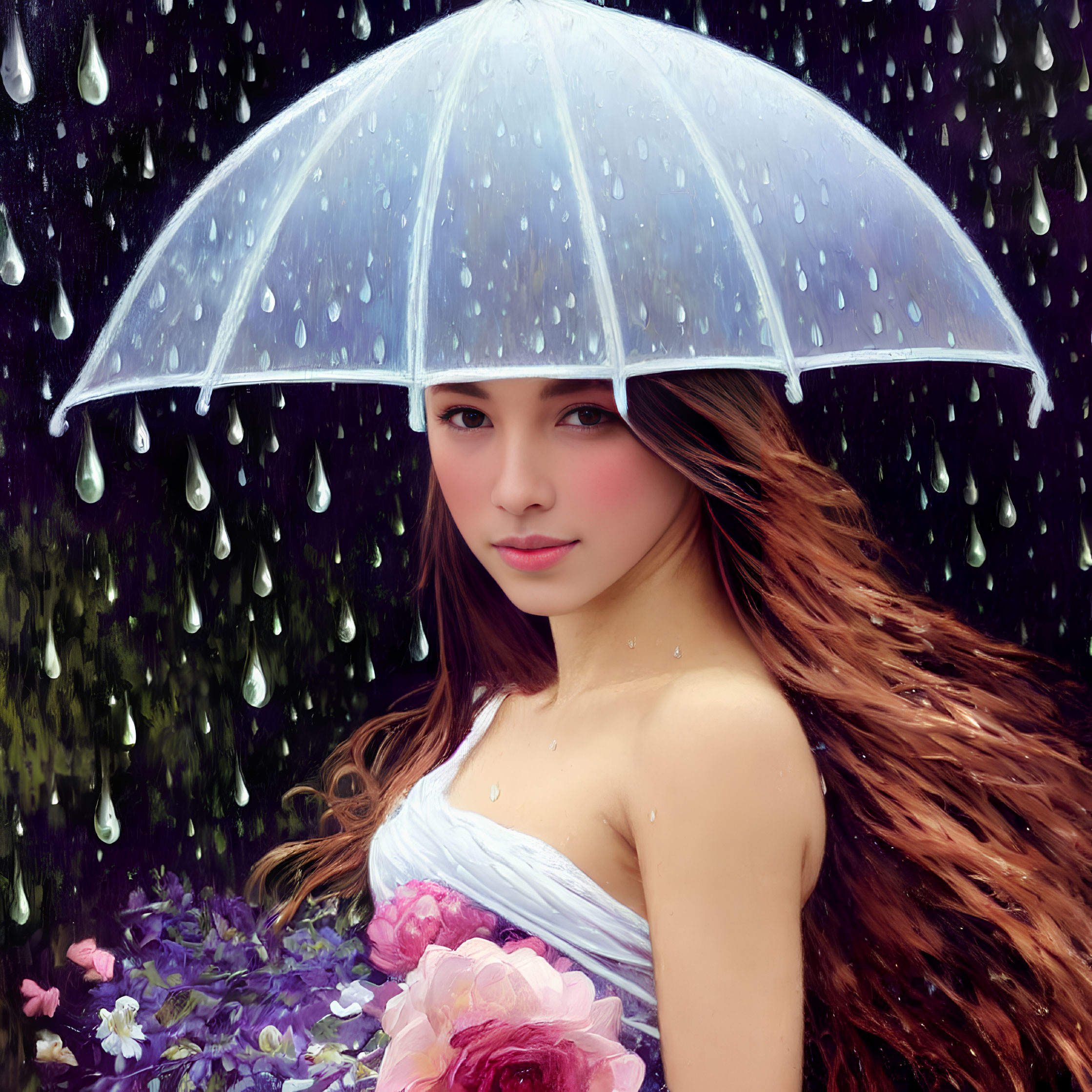 Woman with Long Hair Holding Transparent Umbrella in Falling Rain, Serene Look, Flowers Background