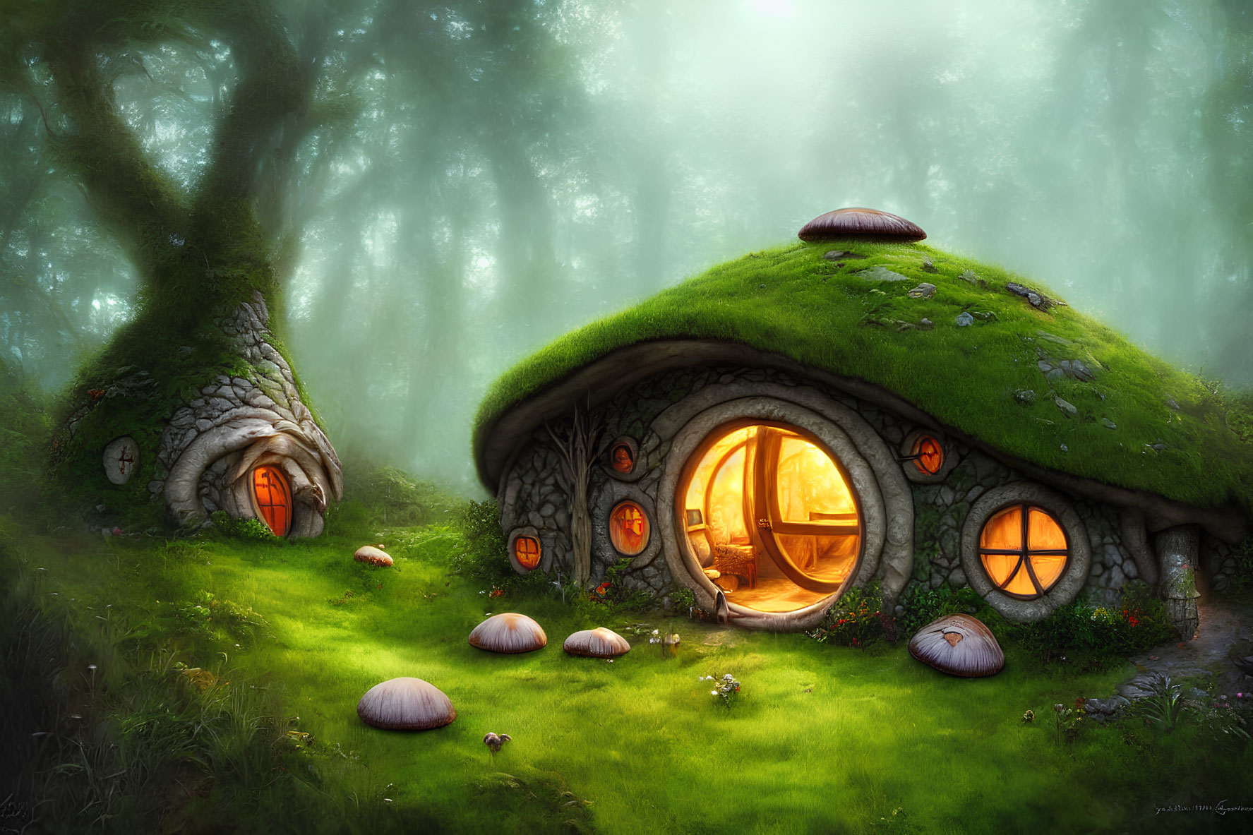 Enchanting forest scene with moss-covered cottage and oversized mushrooms