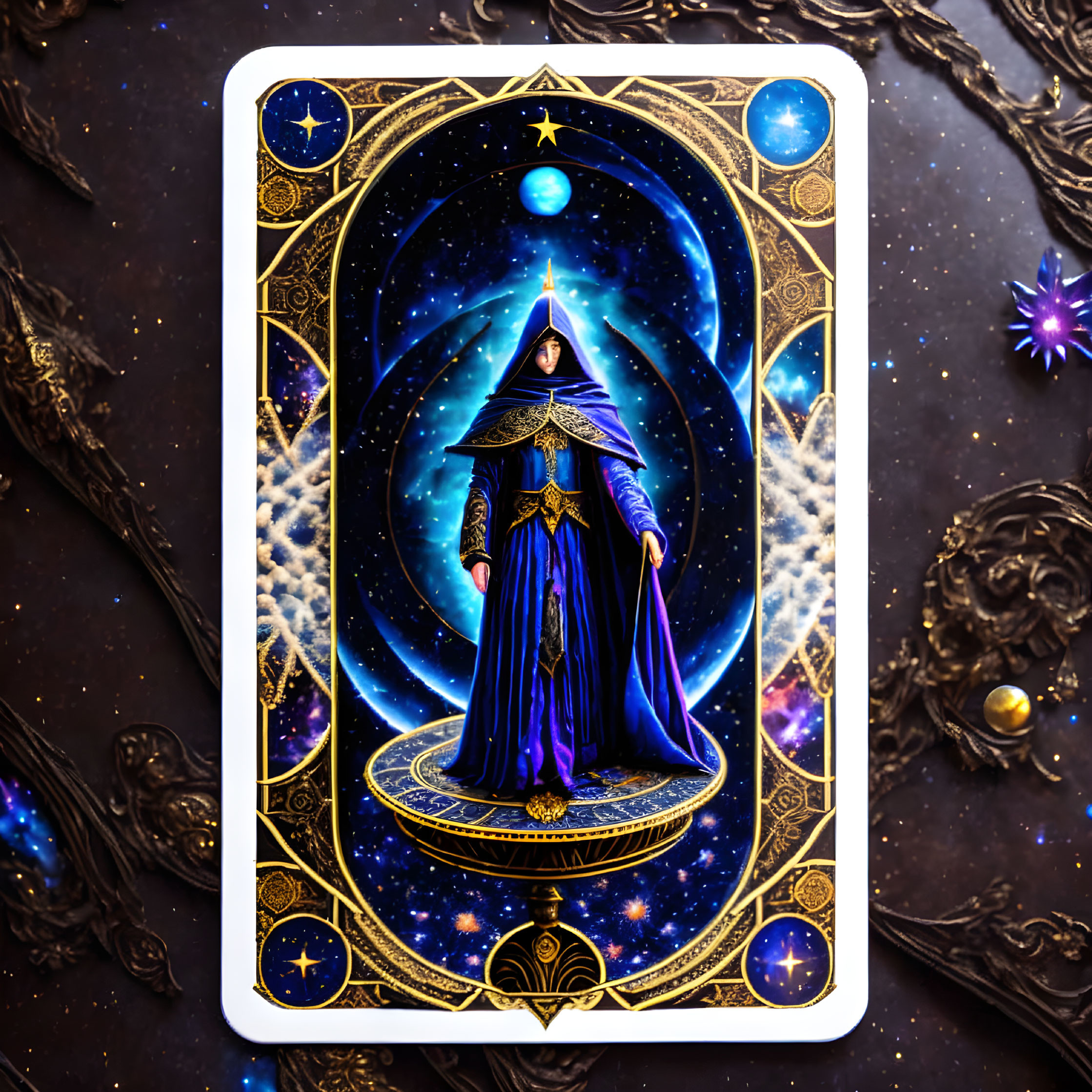 Celestial-themed tarot card with cloaked figure and stars