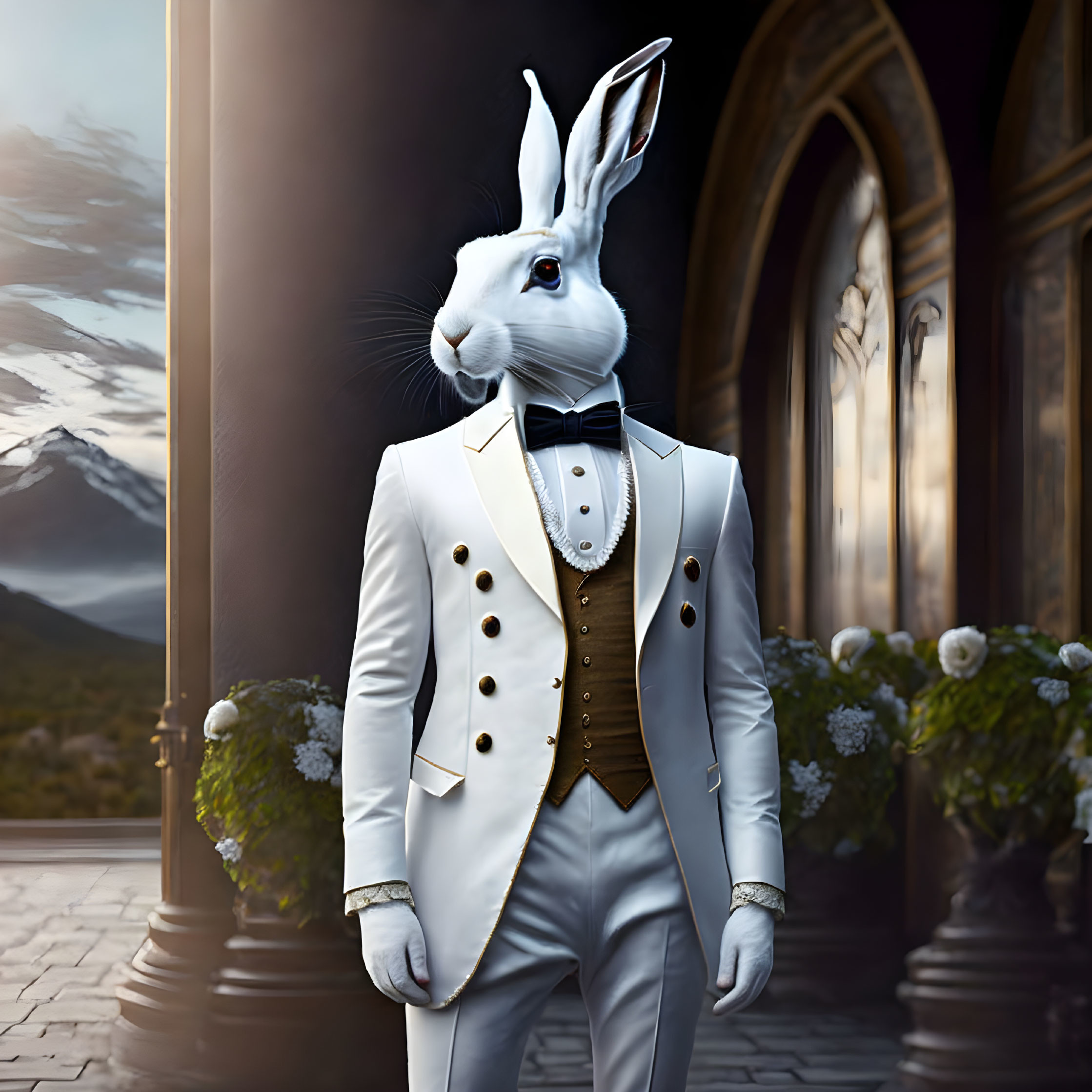 White rabbit in elegant suit before grand castle-like building against dramatic sky.