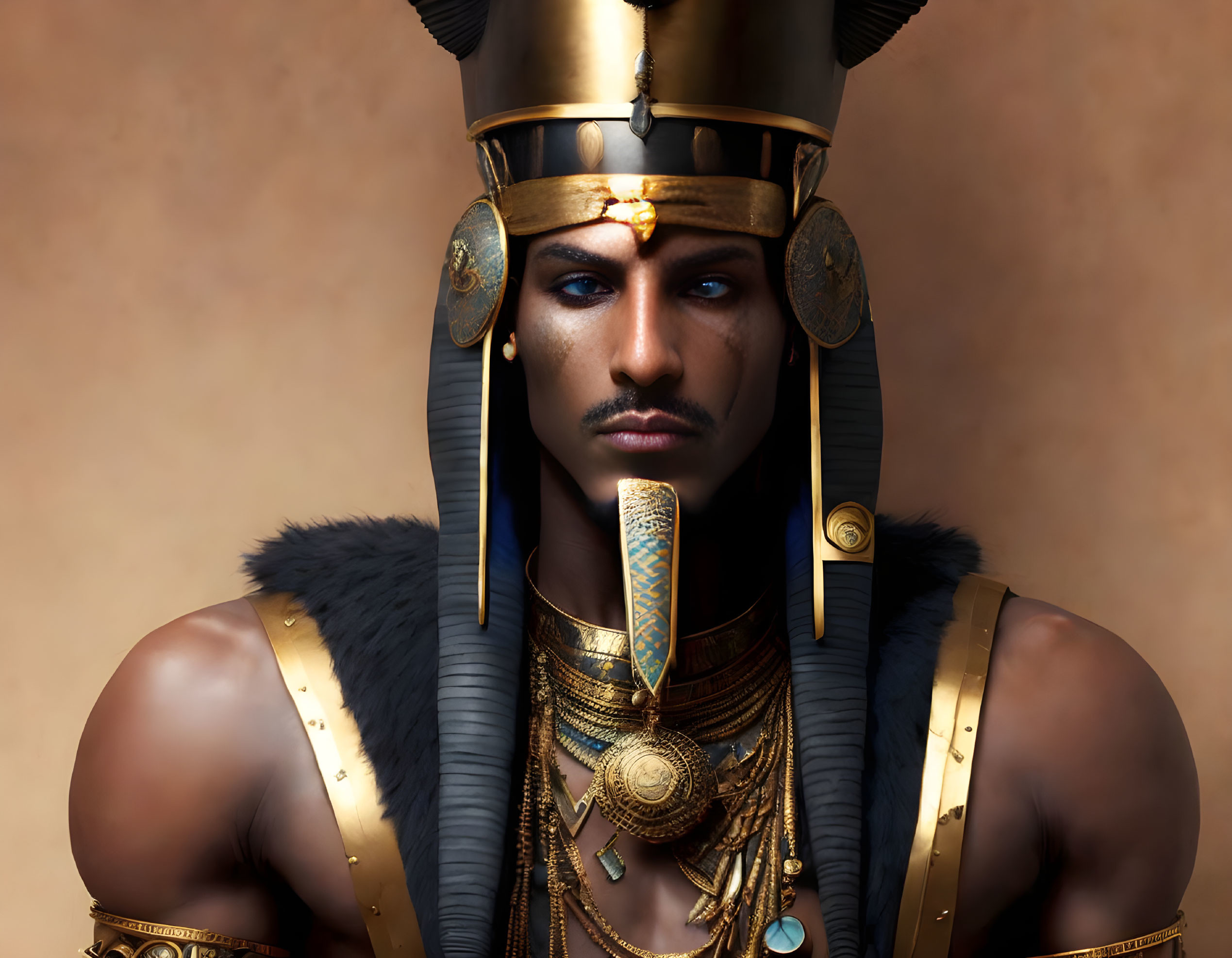 Digital portrait of person styled as ancient Egyptian pharaoh with traditional attire against warm backdrop