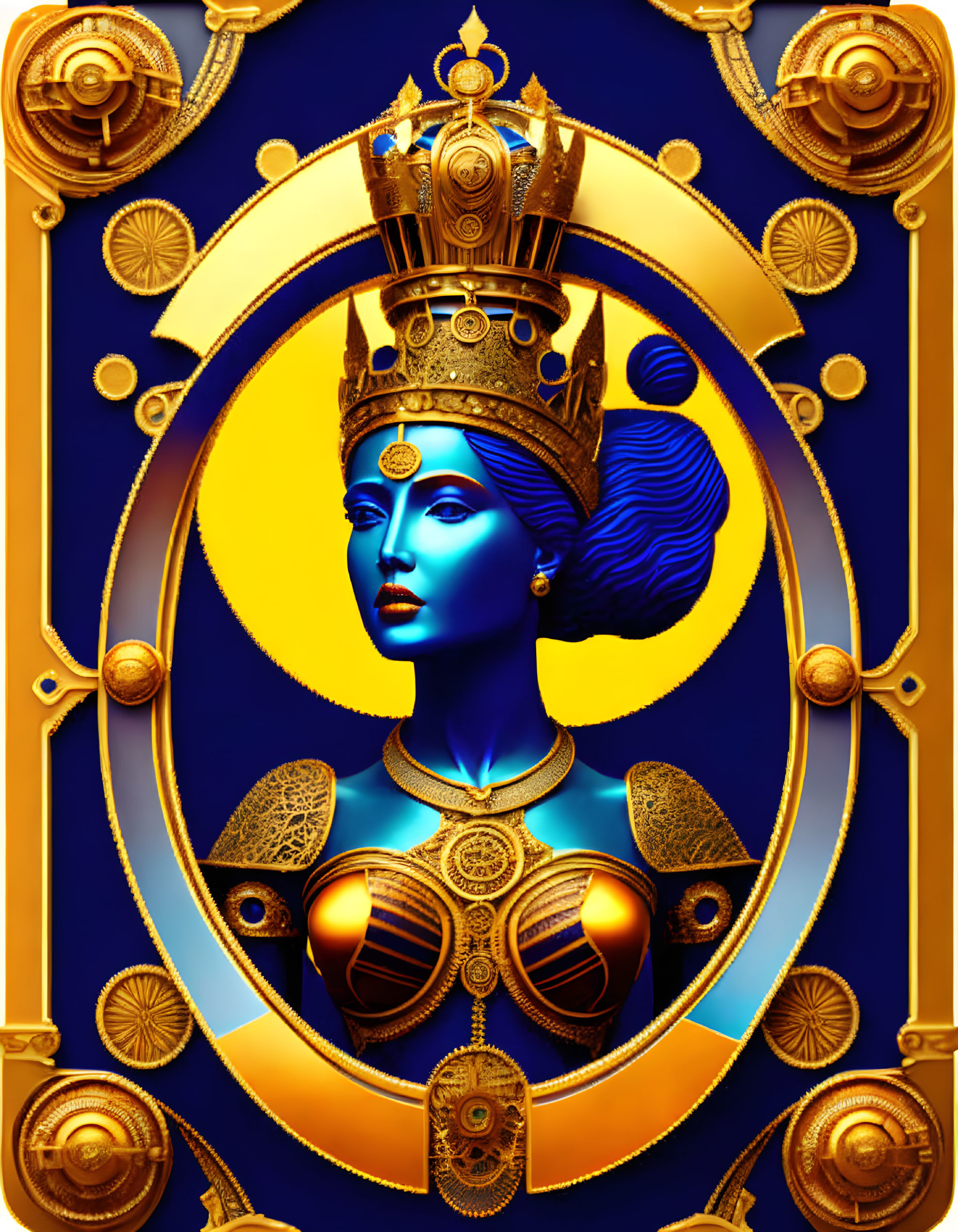Blue-skinned crowned figure with golden jewelry in digital portrait