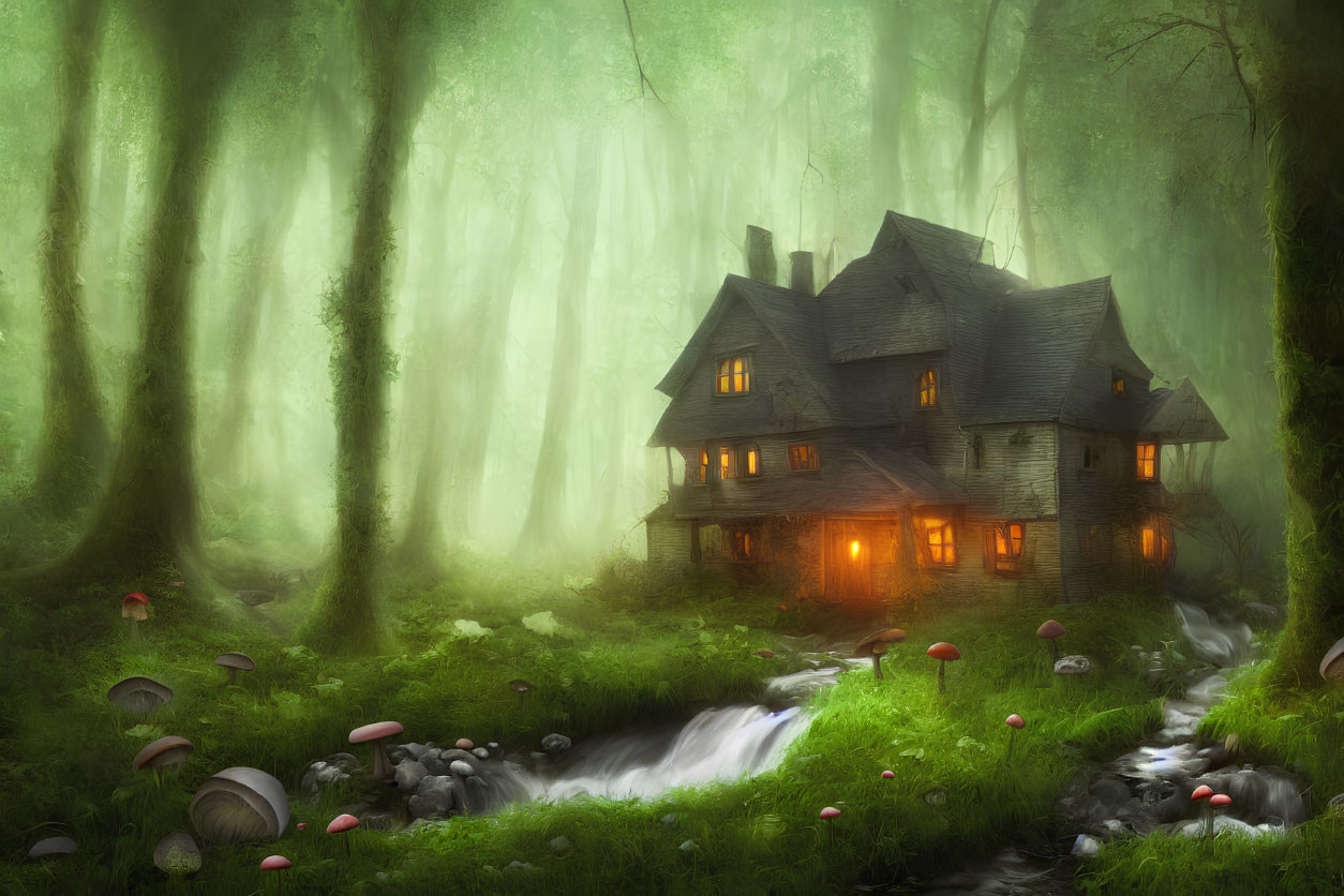 Enchanting house in misty forest with warm light and greenery