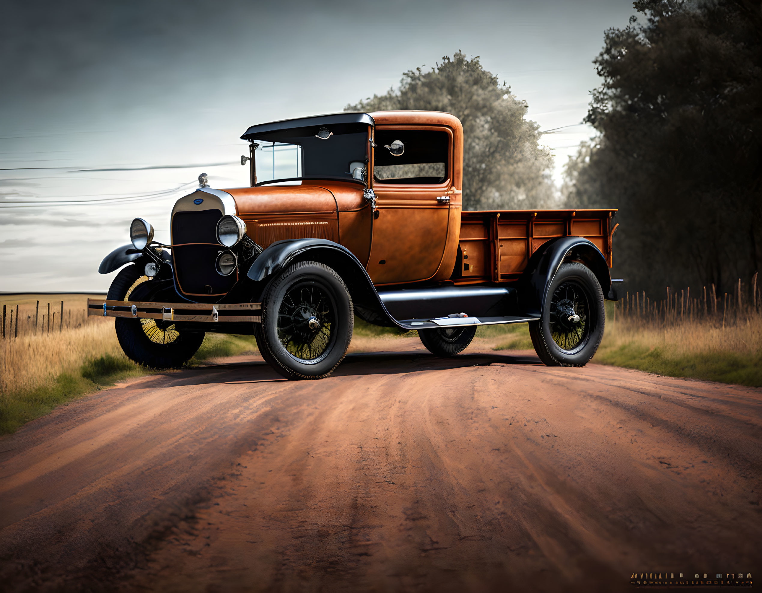 Classic Brown Pickup Truck on Dirt Road with Trees and Cloudy Sky