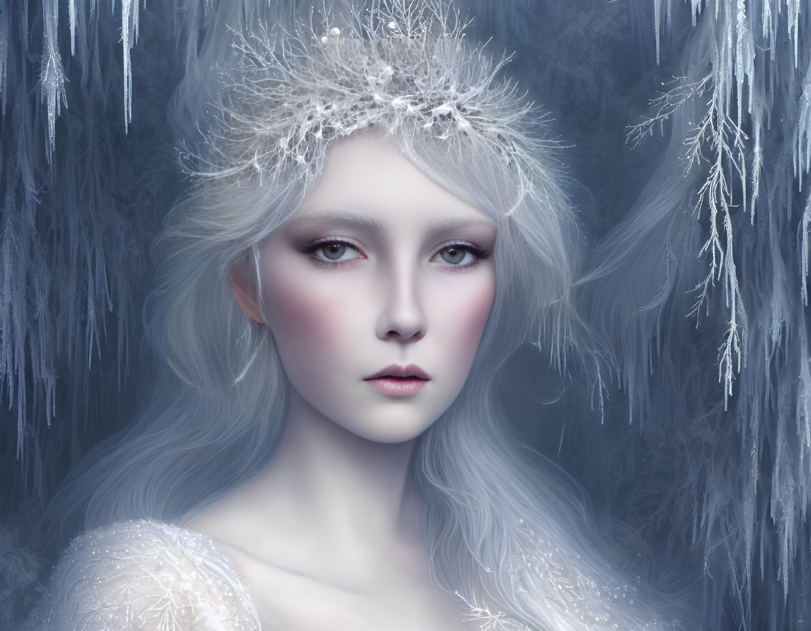 Pale Figure with Icy Eyes and Frosty Crown in Frozen Setting