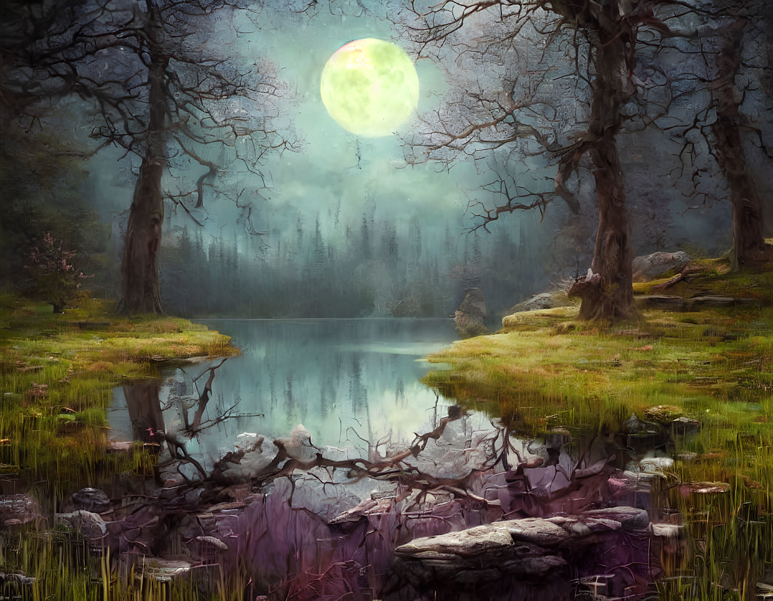 Mystical forest scene with glowing full moon and tranquil lake
