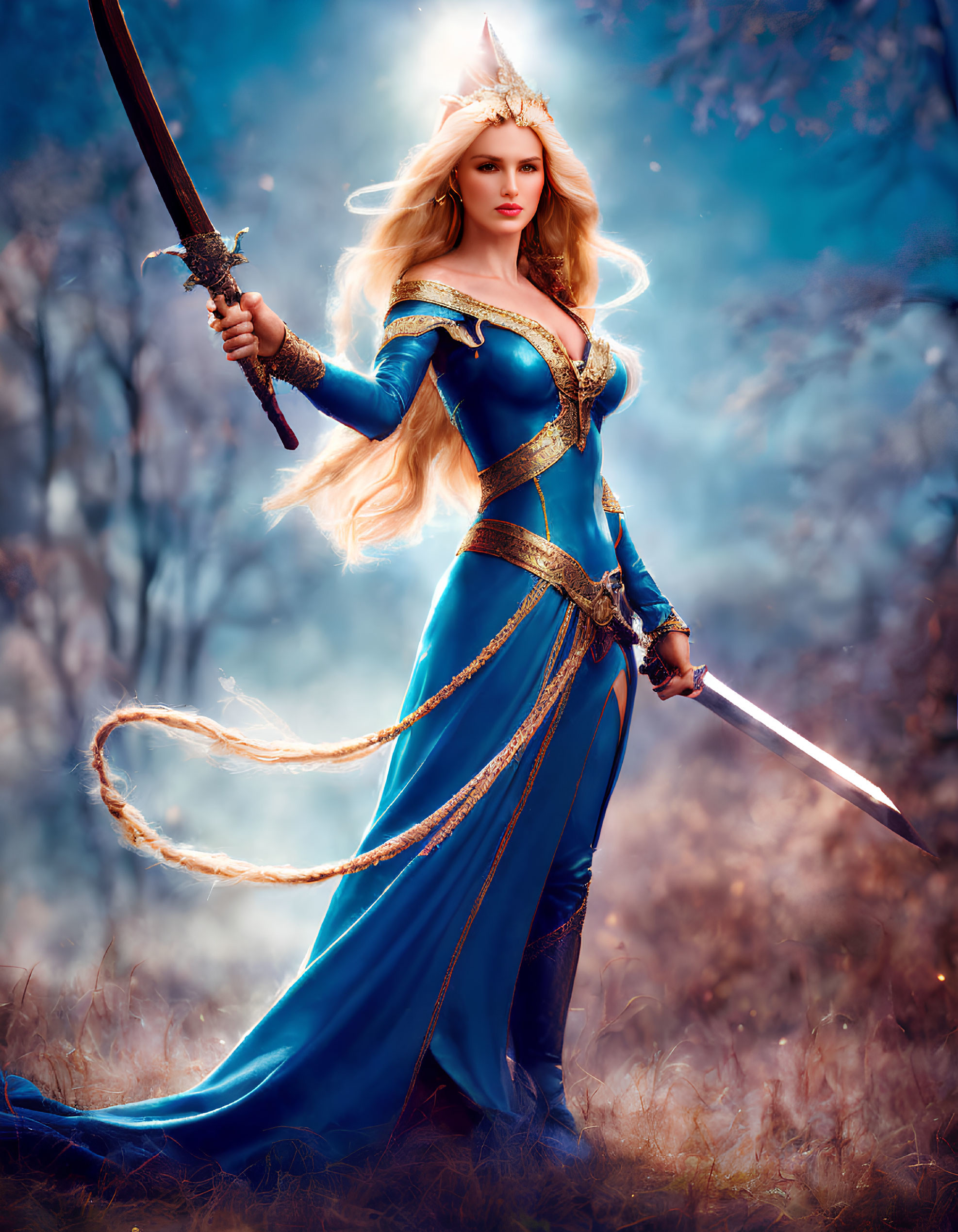 Woman in Blue Medieval Costume with Sword and Rope in Mystical Forest