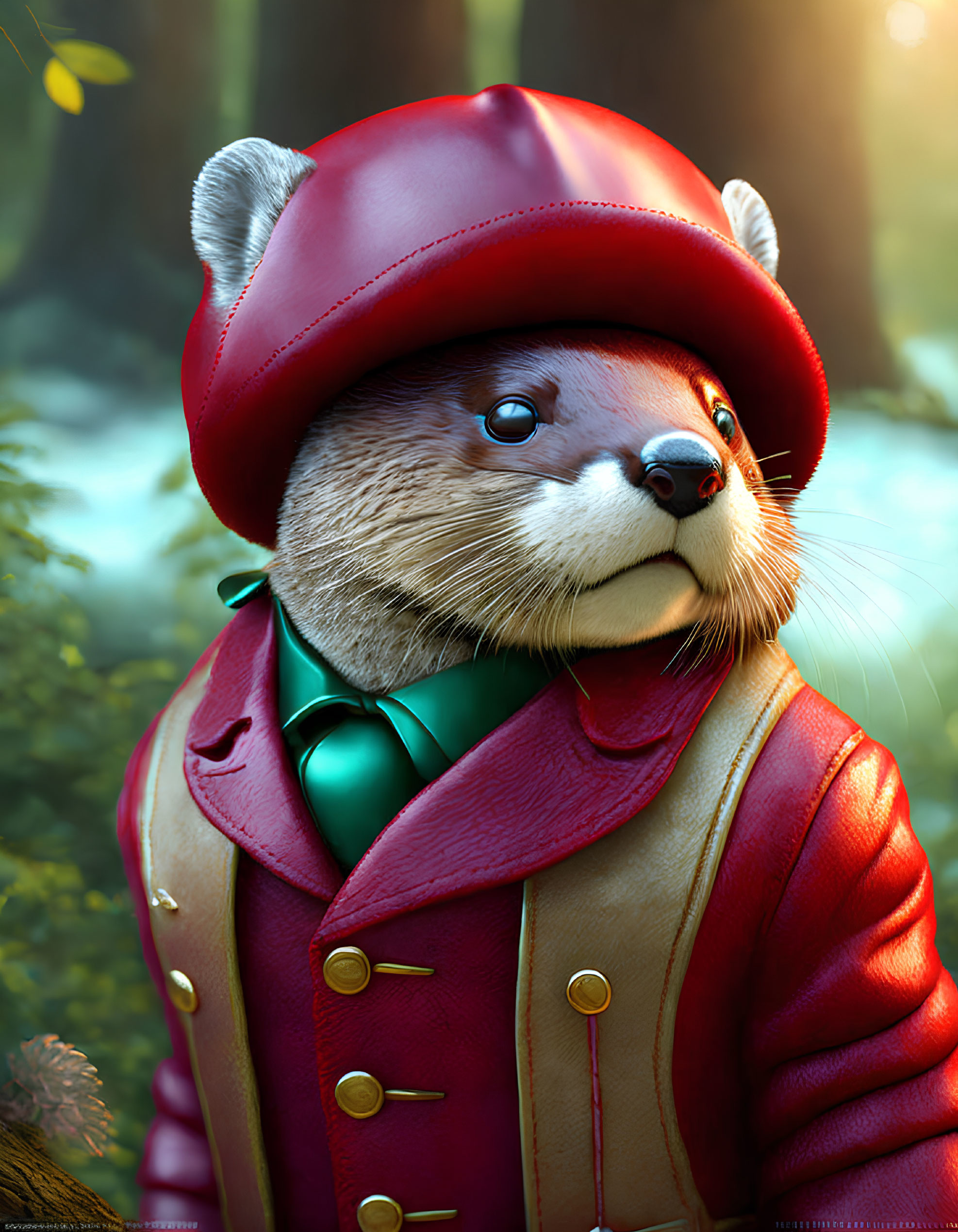 Stylish anthropomorphic otter in red leather jacket and cap in sunlit forest