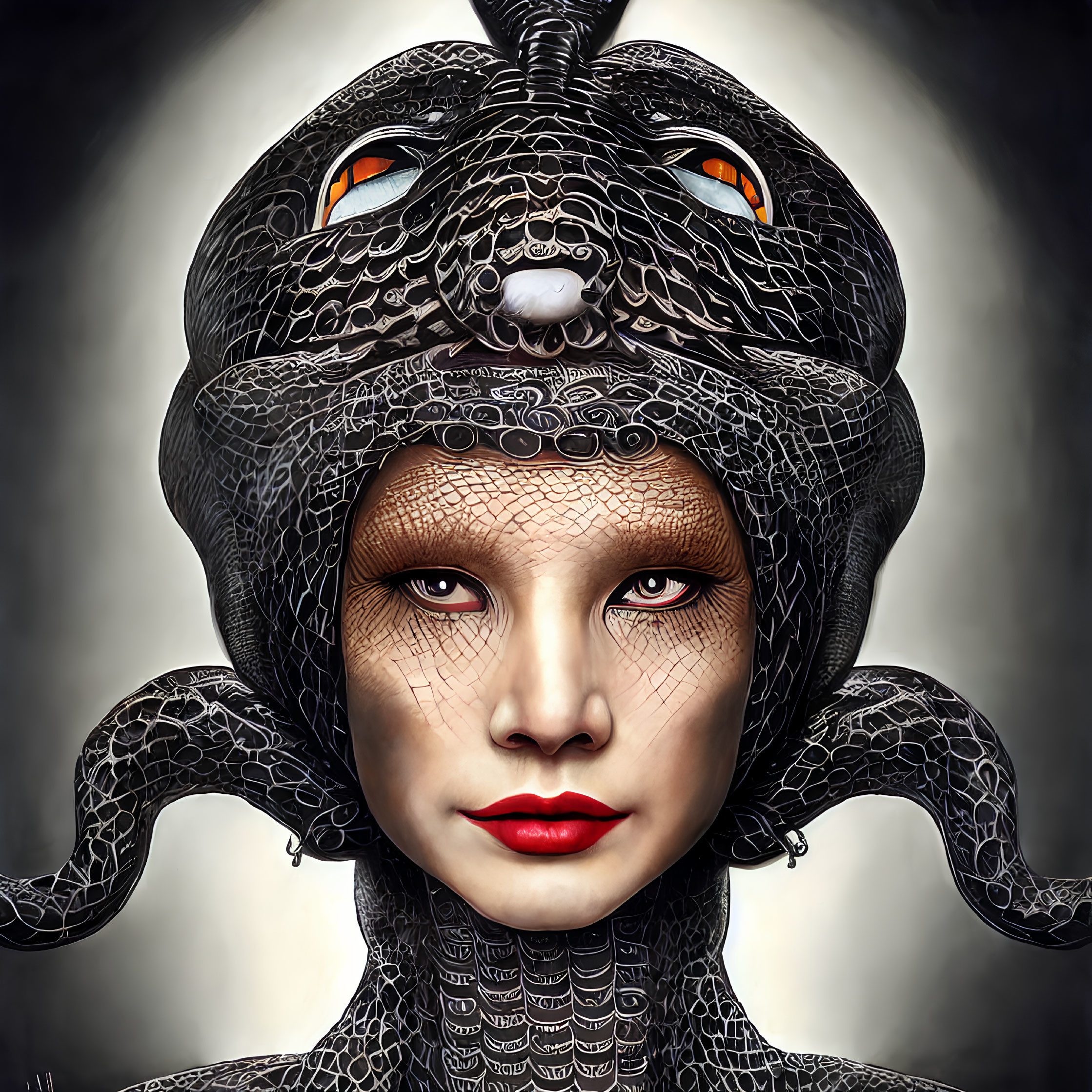 Person with stoic expression wearing coiled snake headdress with orange eyes