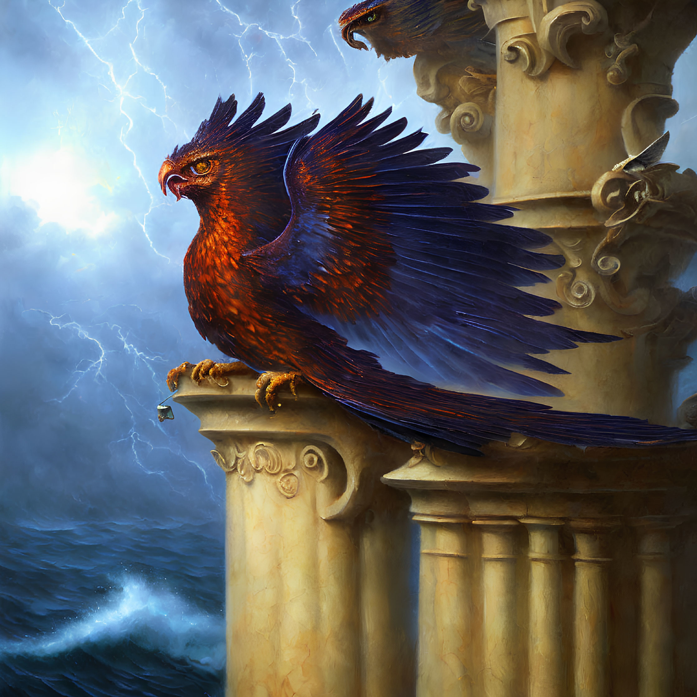 Mythical eagle with orange and blue plumage on ornate column in stormy sea