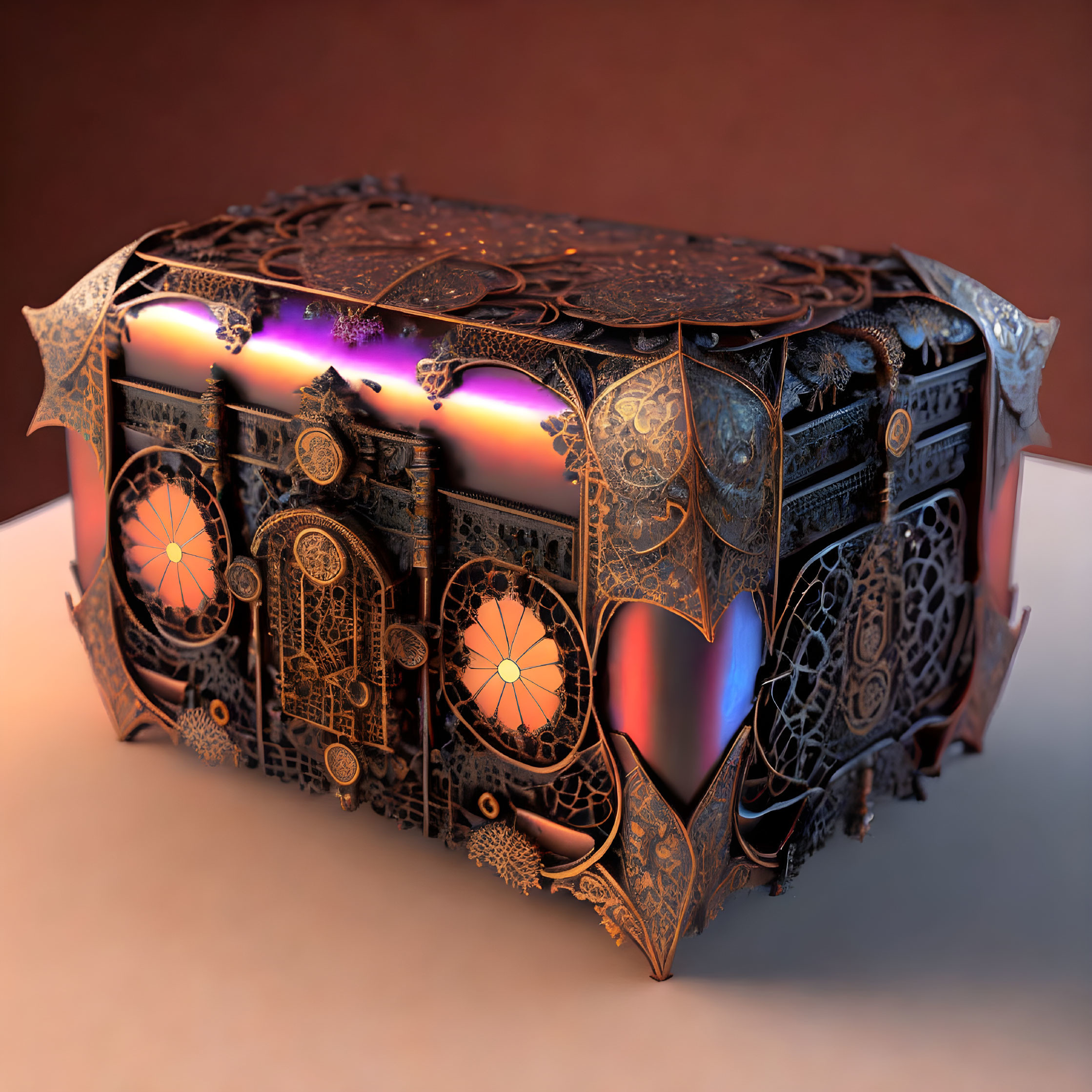 Intricate mystical chest with glowing accents on reddish-brown background