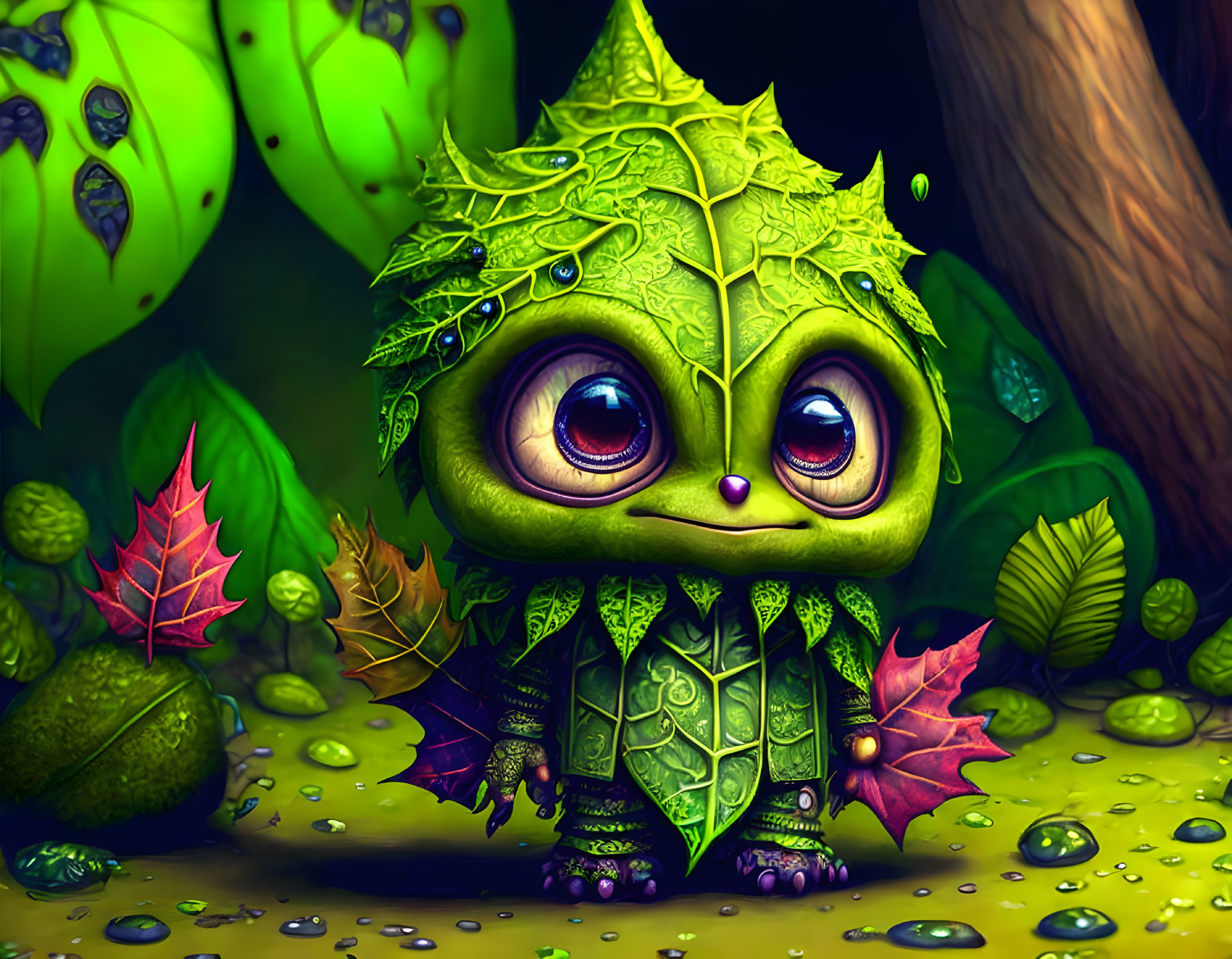Vibrant illustration of cute green leafy creature in nature