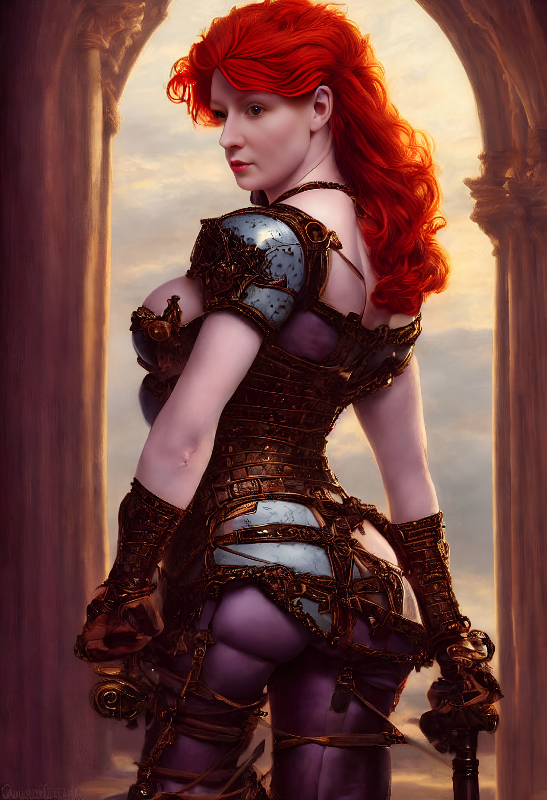 Female warrior digital artwork with fiery red hair, gold and silver armor, holding a sword in dusky