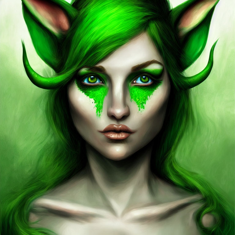 Fantasy illustration of a woman with green hair and pointed ears