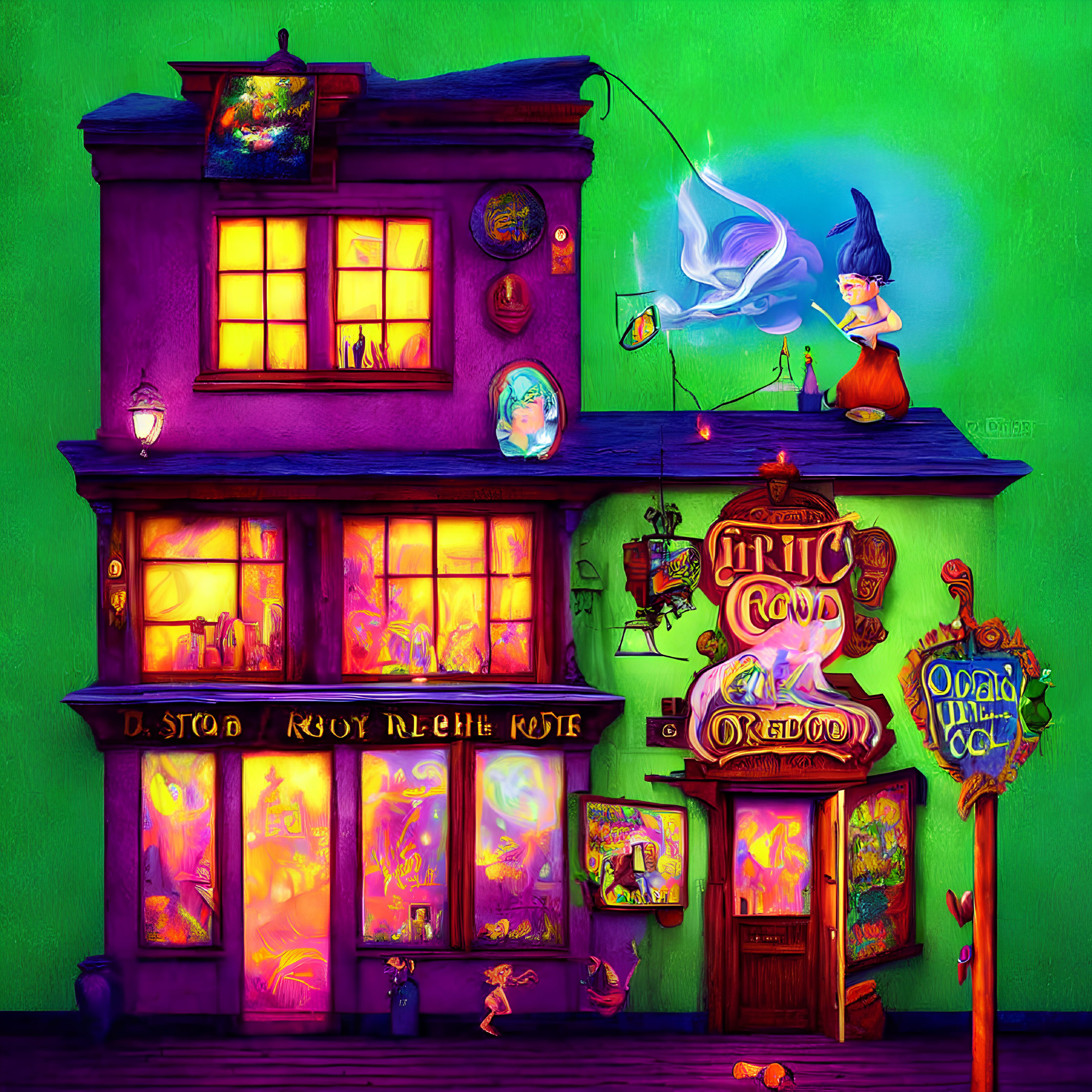 Colorful illustration of magical shop with glowing windows and sorceress casting spell