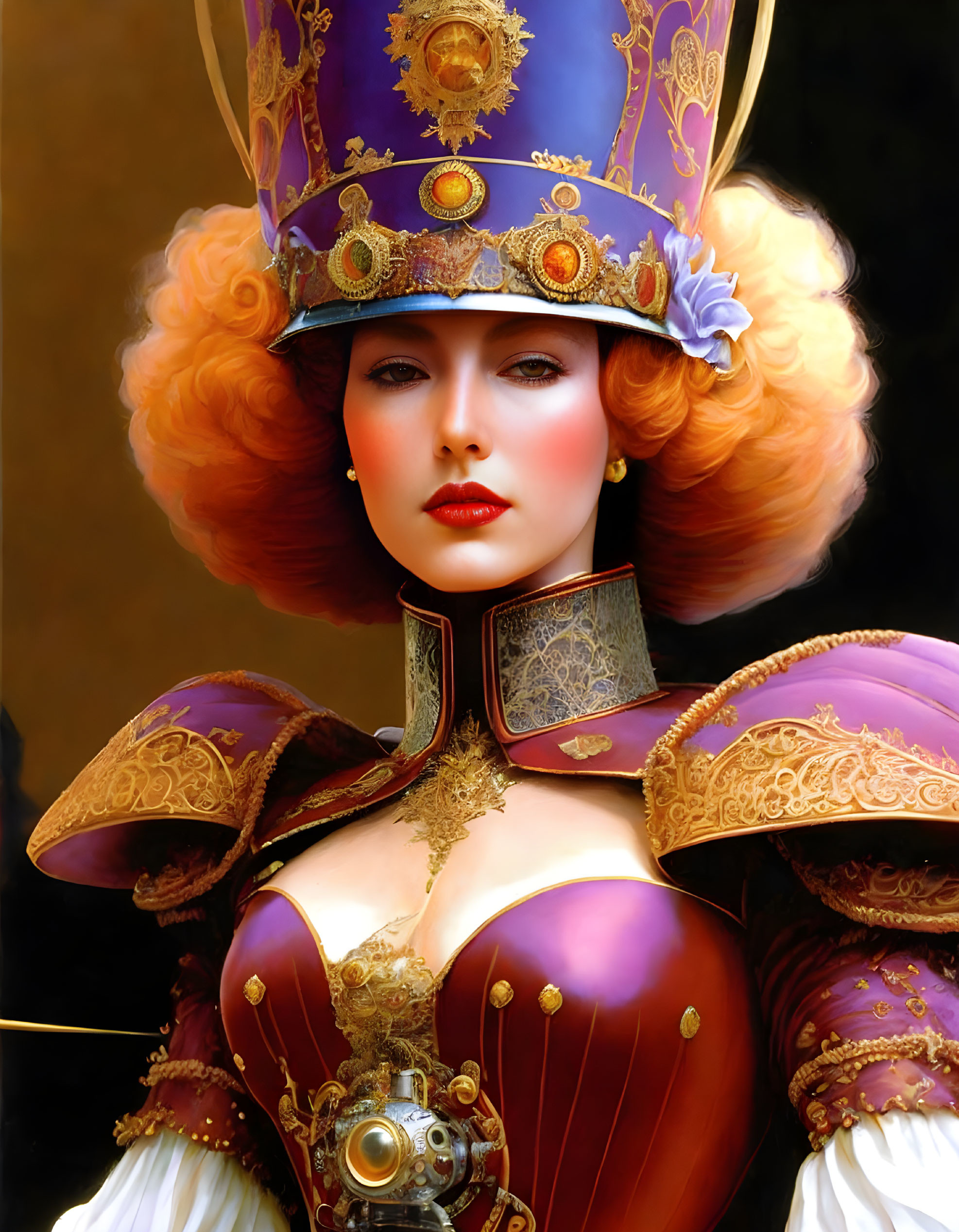 Detailed Illustration of Woman in Gold and Purple Military Attire