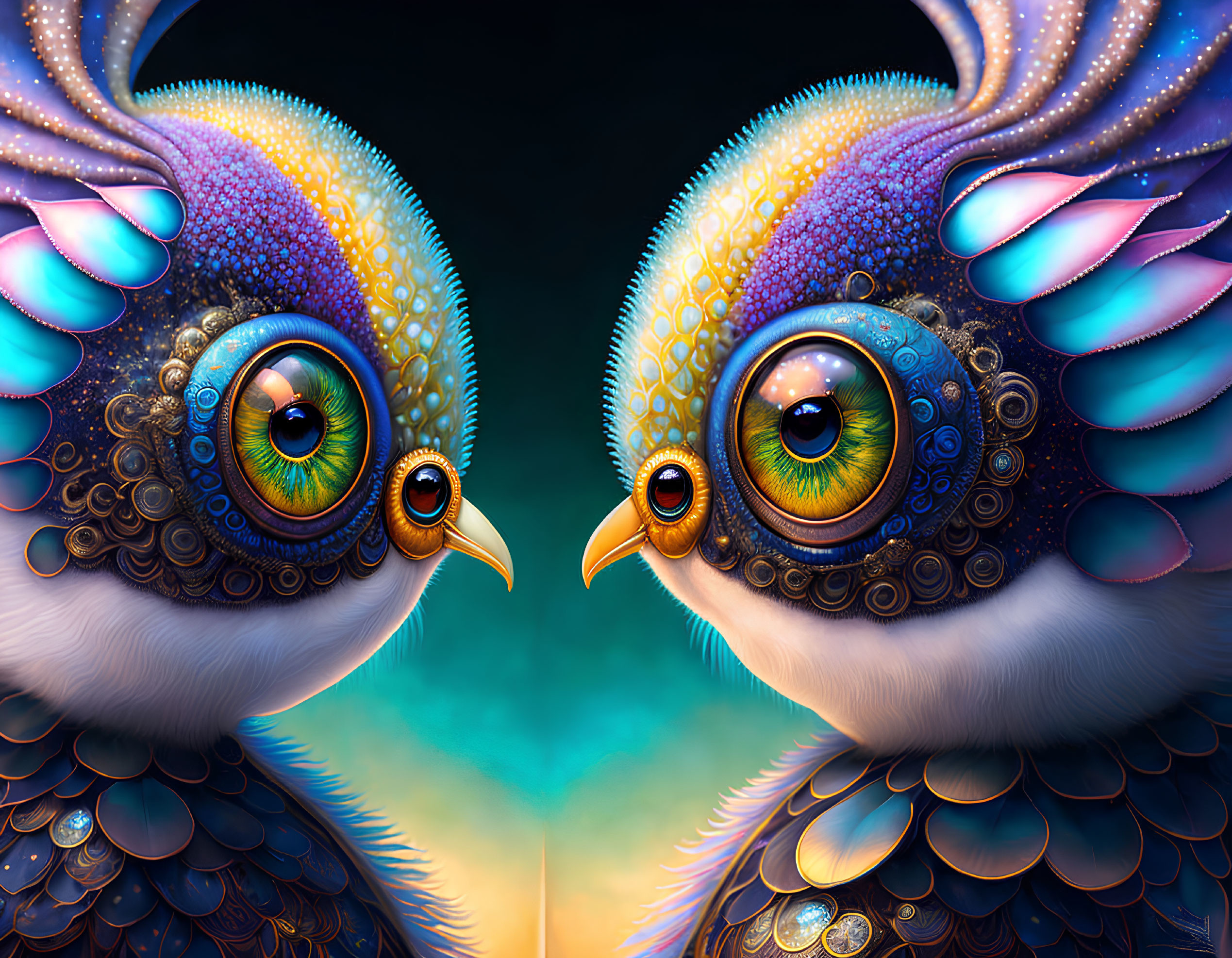 Vibrant bird-like creatures with intricate feathers and expressive eyes.