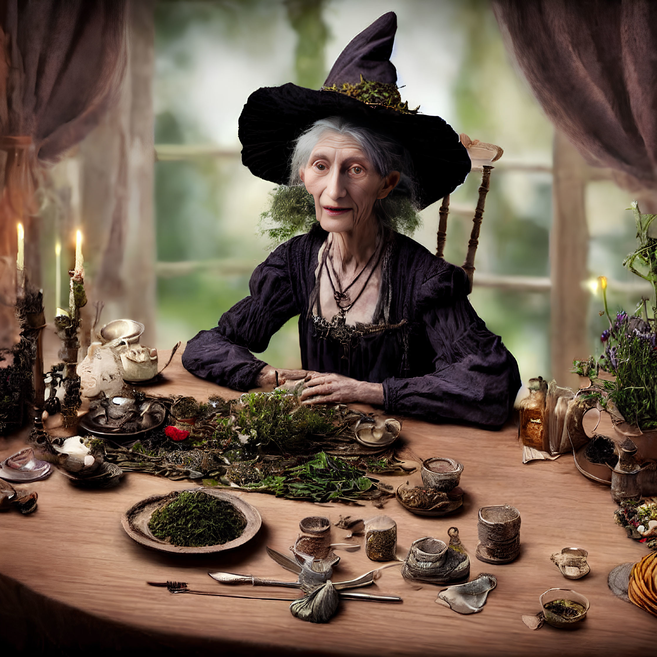 Elderly woman in witch costume at table with candles and potion ingredients