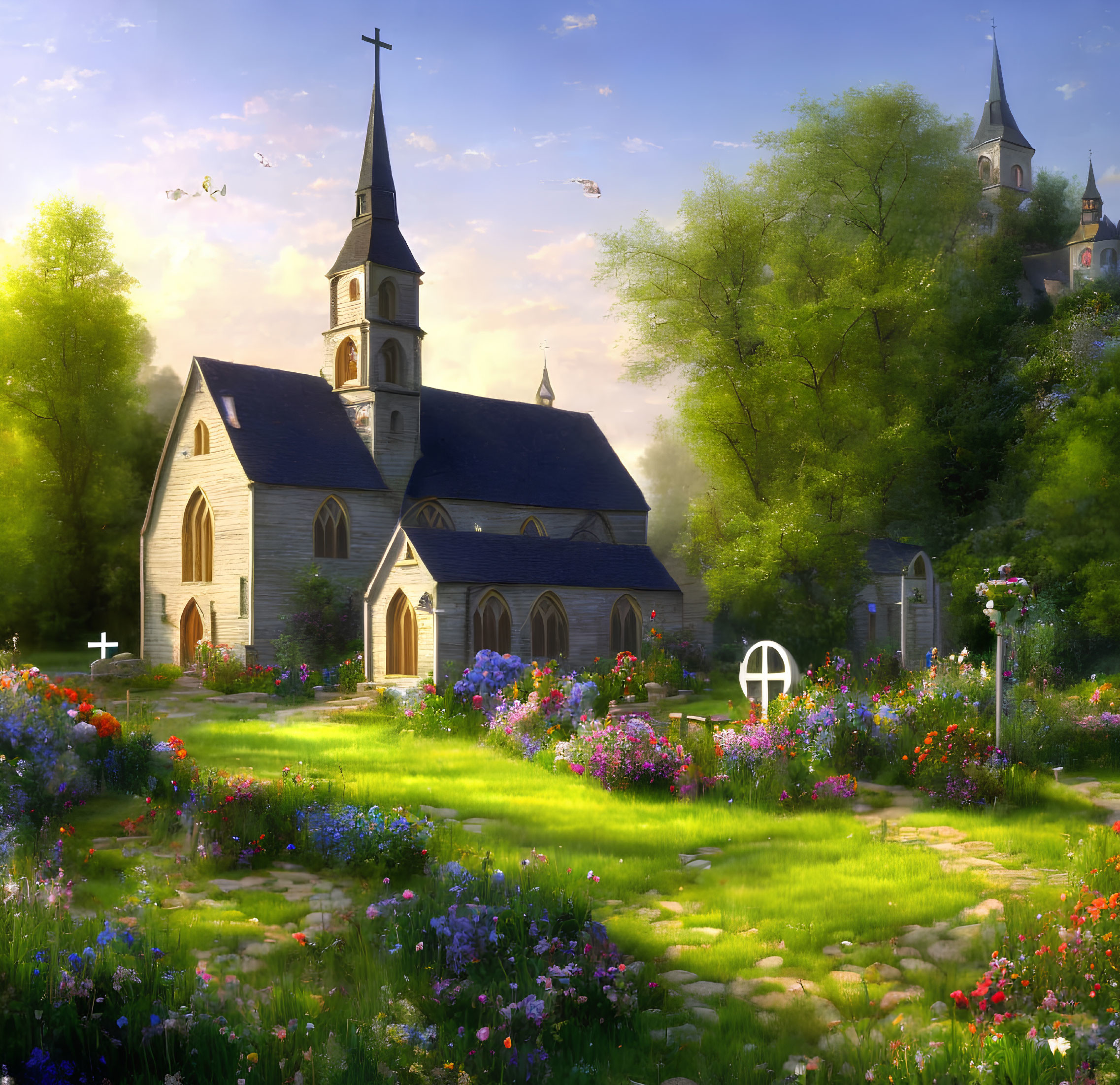 Tranquil illustration: Stone church, gardens, clear sky, birds
