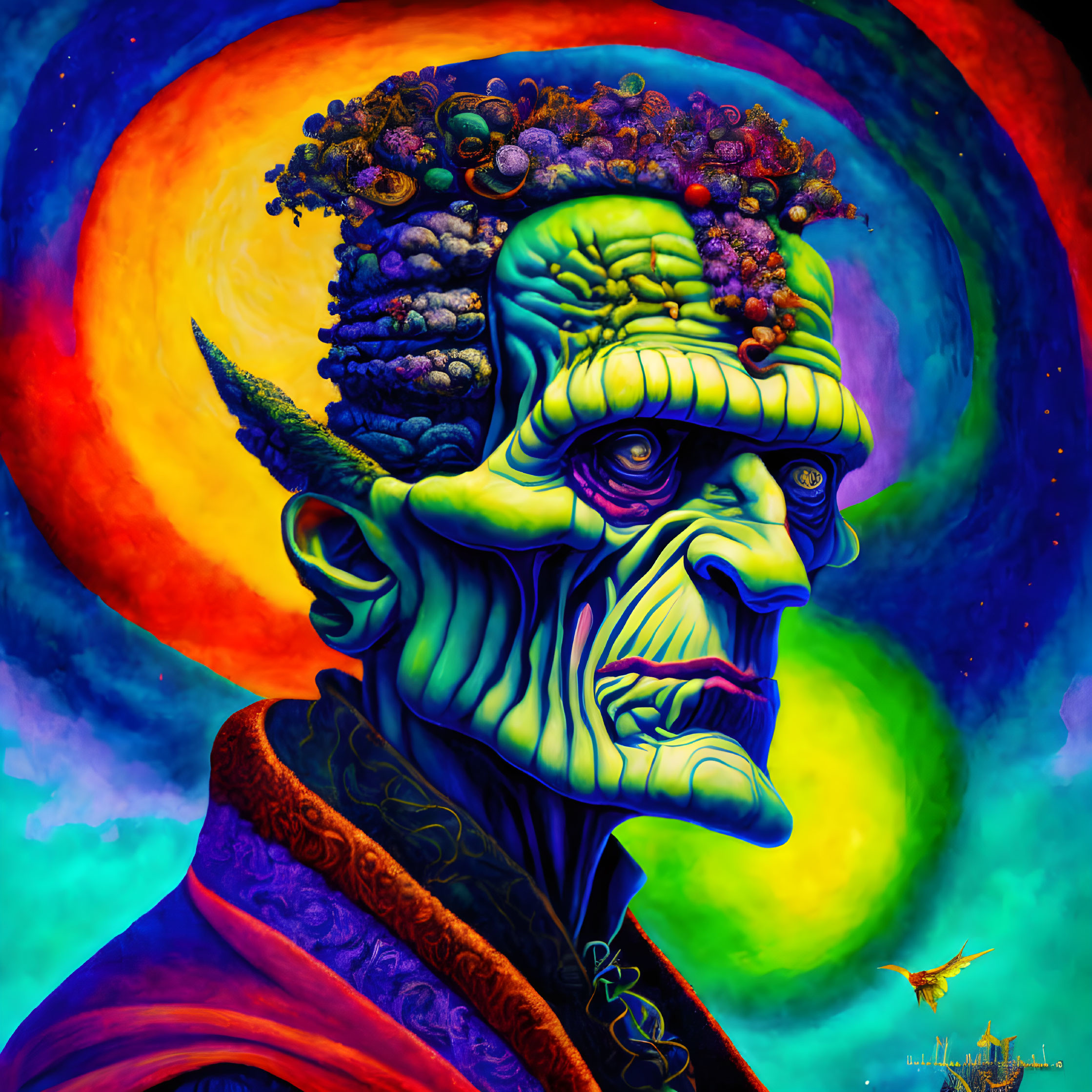 Colorful Psychedelic Portrait with Green-Skinned Character