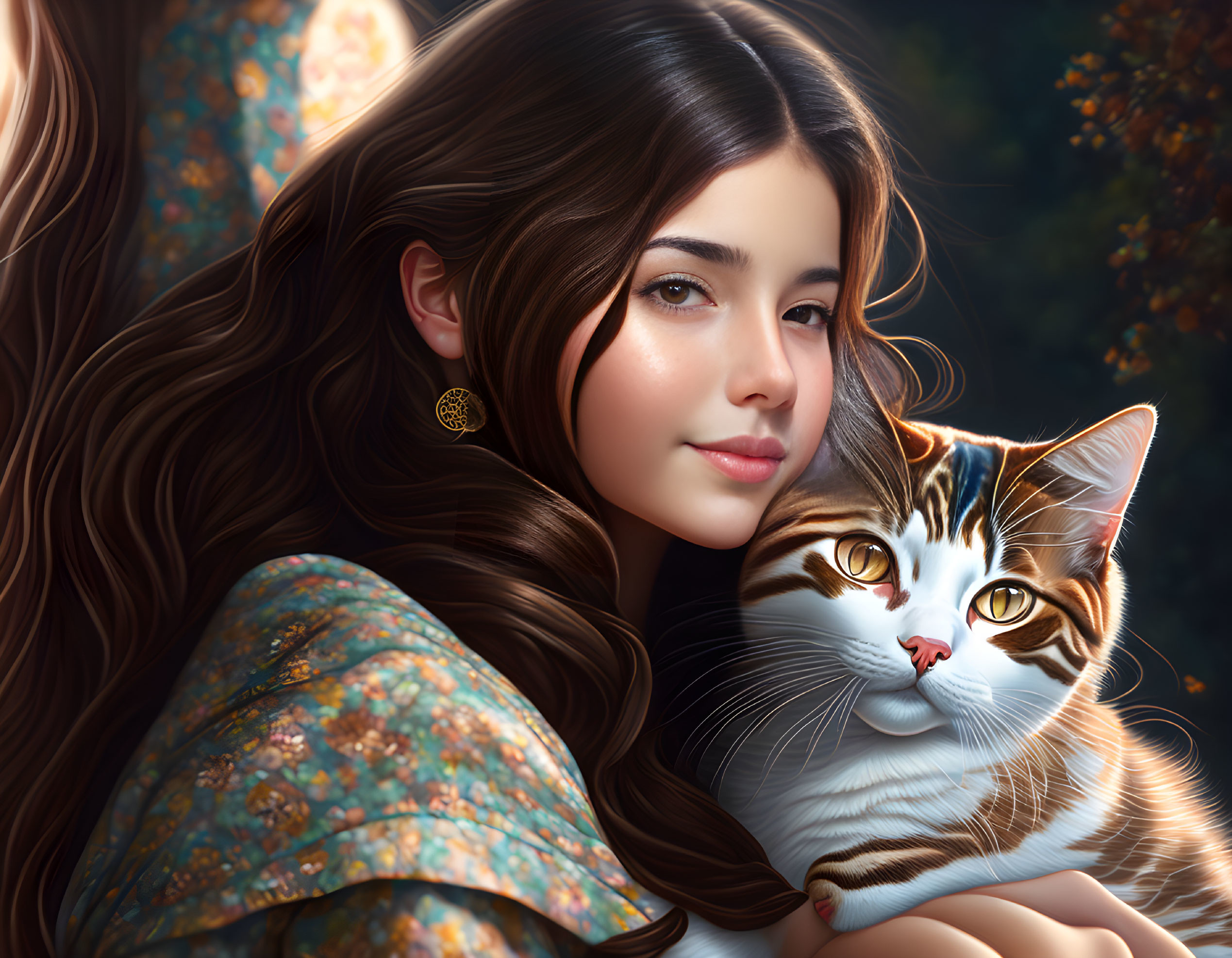 Woman with Long, Wavy Hair Holding Striped Cat in Serene Setting