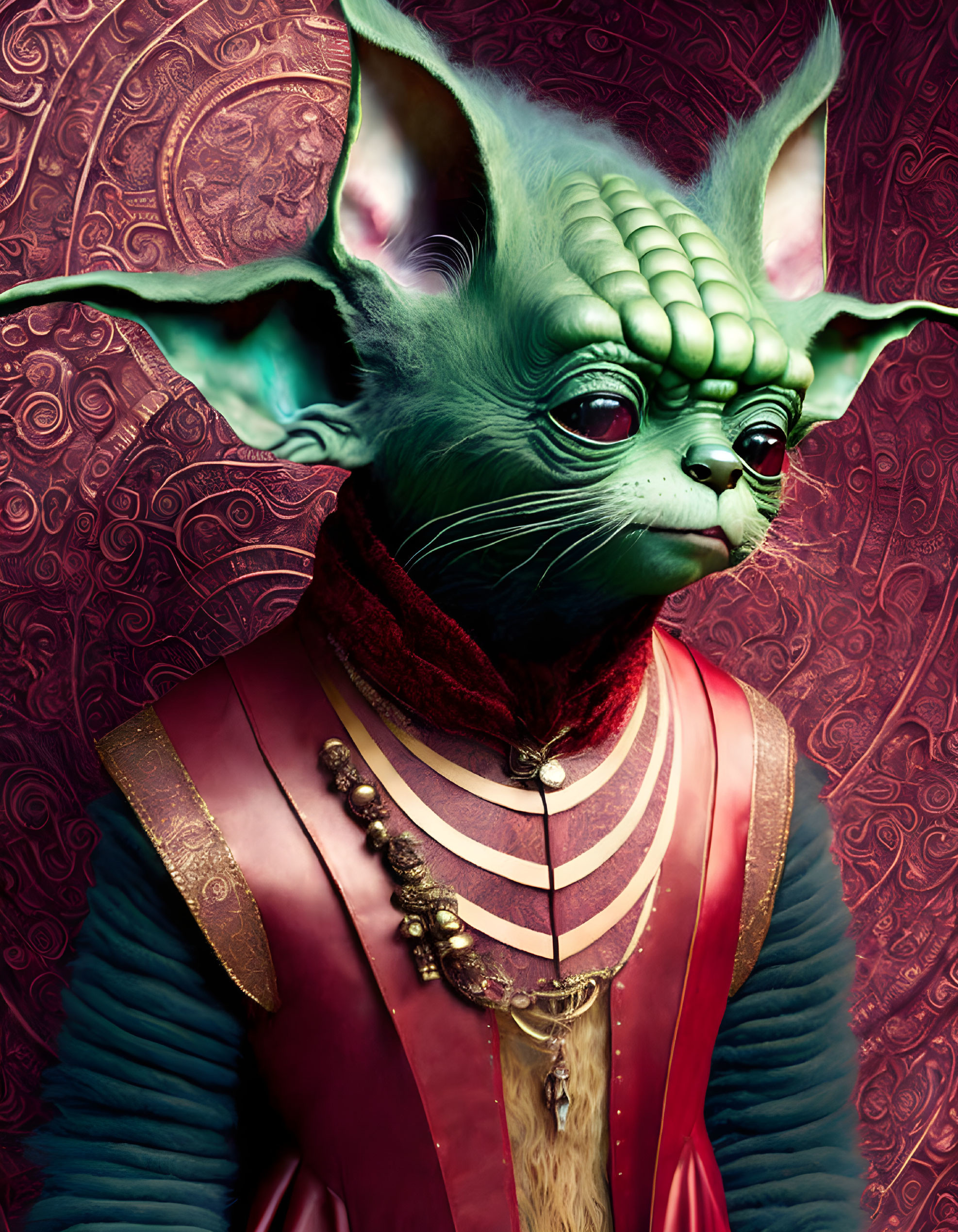 Feline and Yoda-like creature in regal red outfit on ornate backdrop
