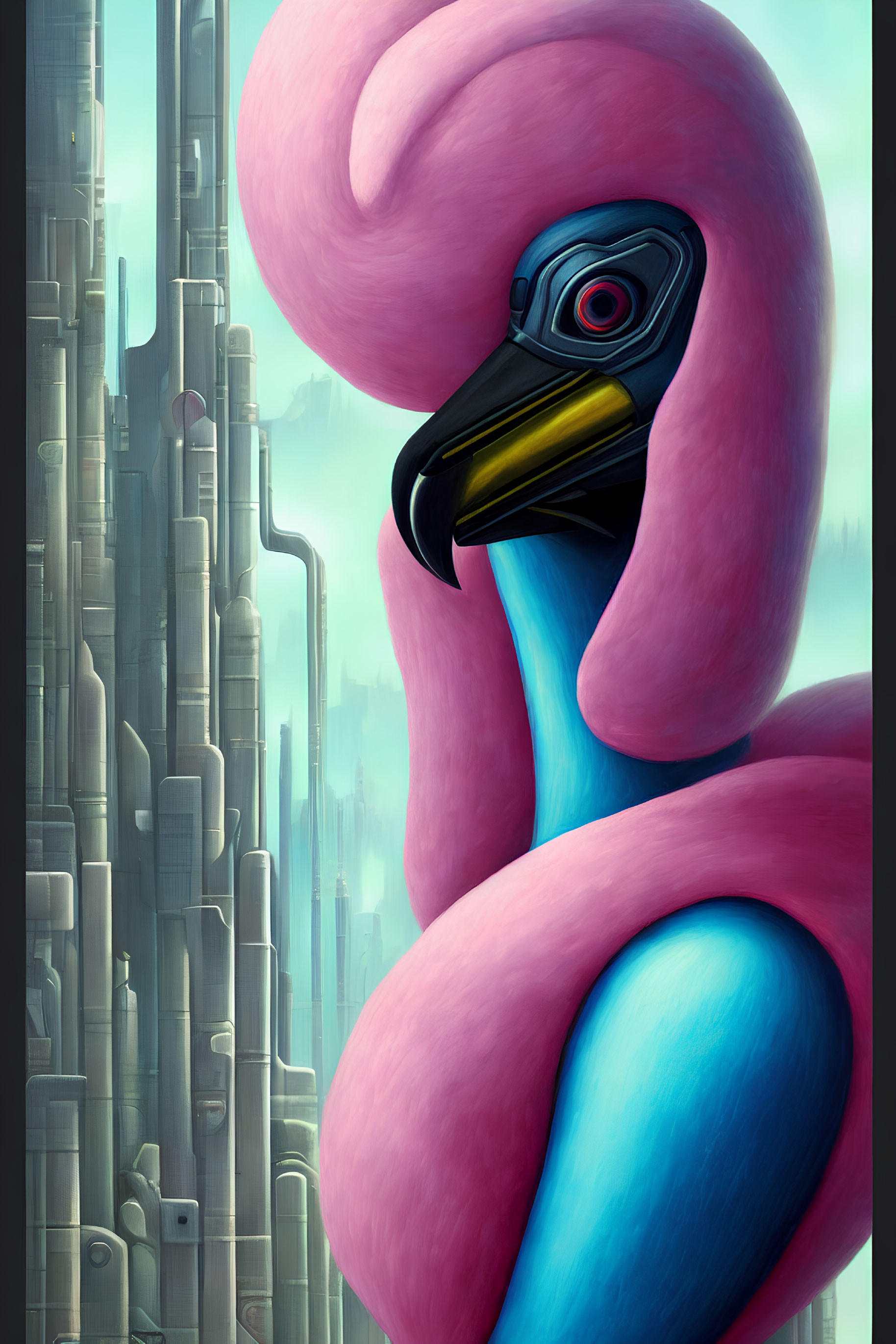 Detailed digital illustration of stylized flamingo in futuristic city