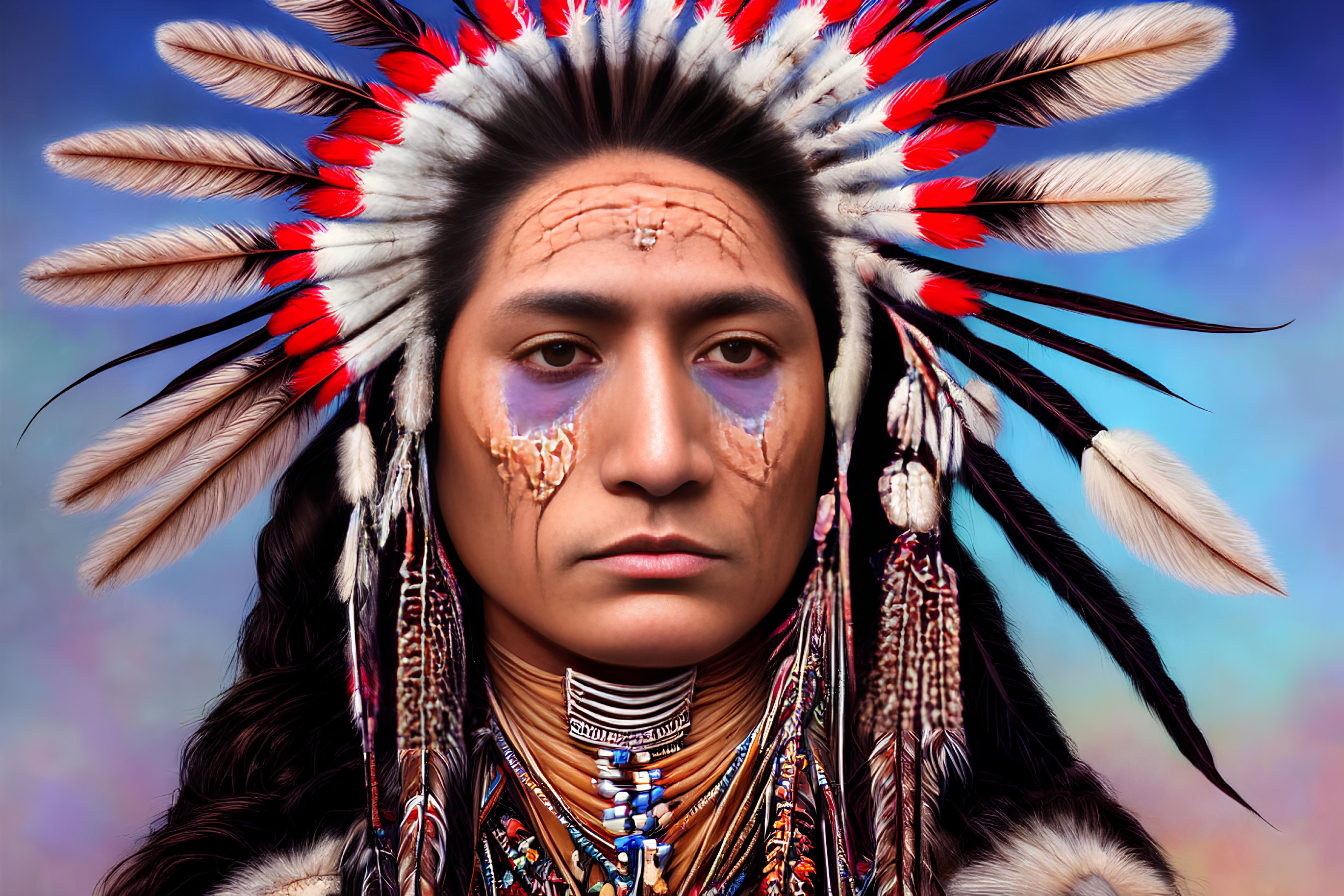 Traditional Native American headdress with feathers and face paint on person against colorful backdrop