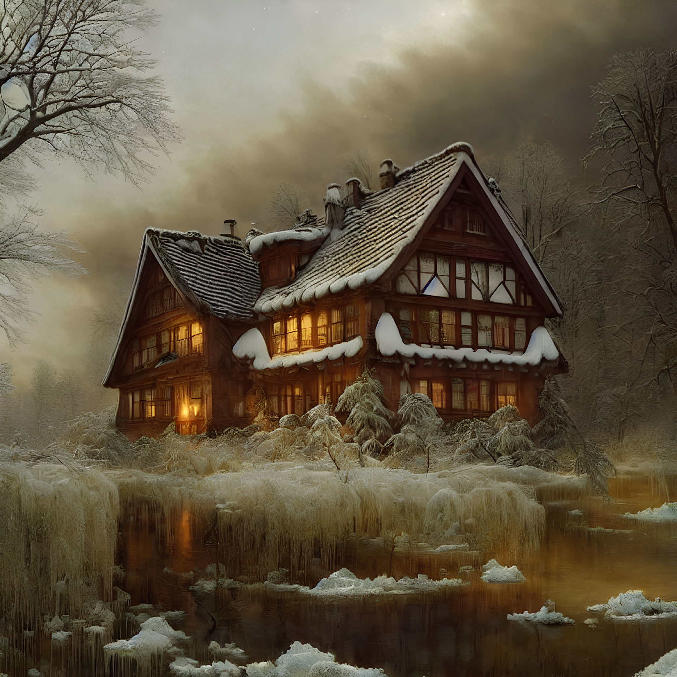 Snow-covered cottage by tranquil river in wintry forest landscape