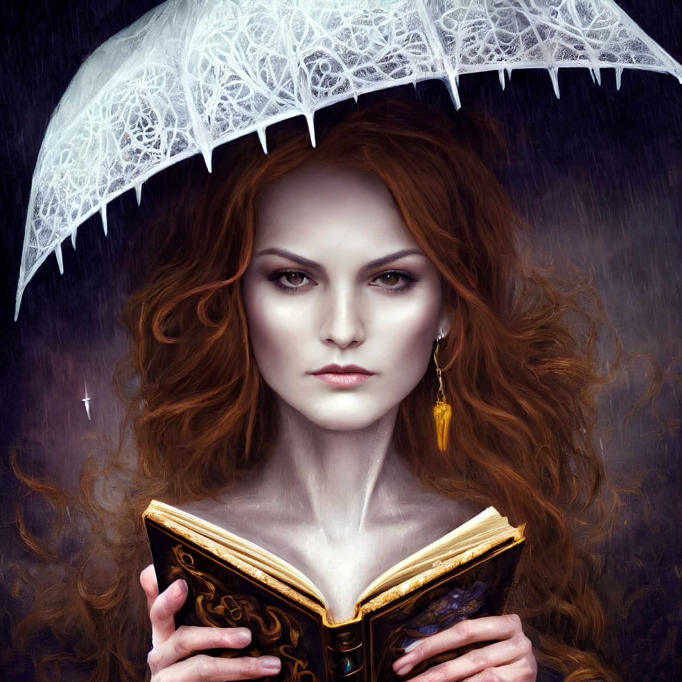 Red-haired woman with book and lace umbrella against dark background
