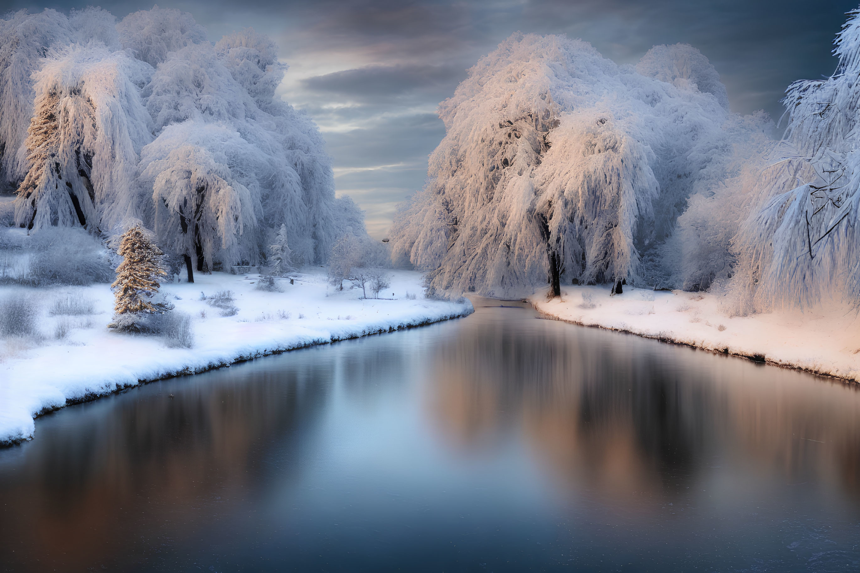 Winter Landscape: Frost-covered Trees Reflecting in Serene River