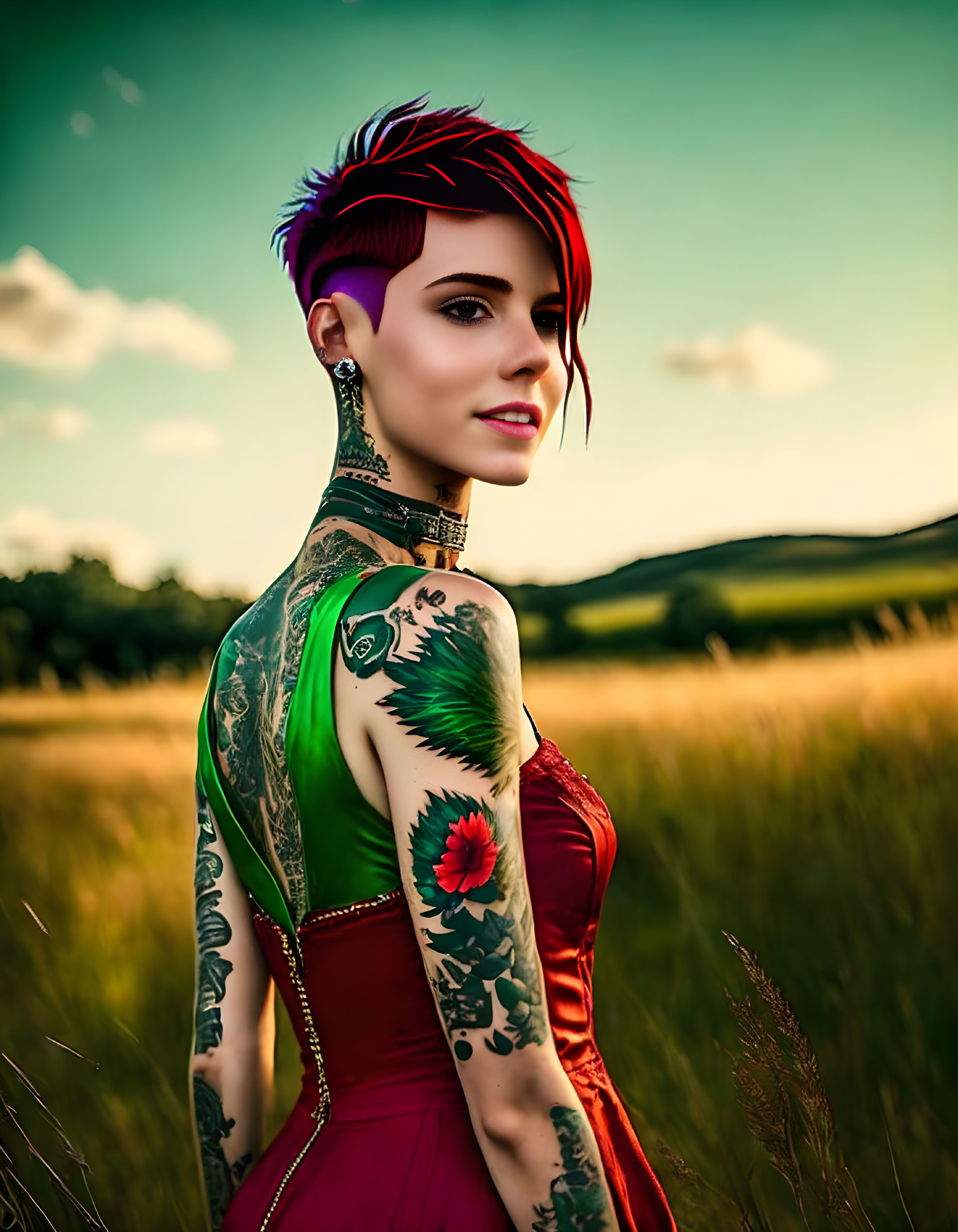 Vibrant feathered mohawk woman with tattoos in red dress at sunset