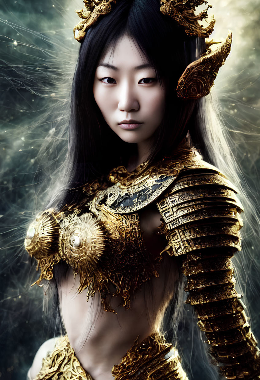 Digital artwork of woman in ornate golden armor against mystical background