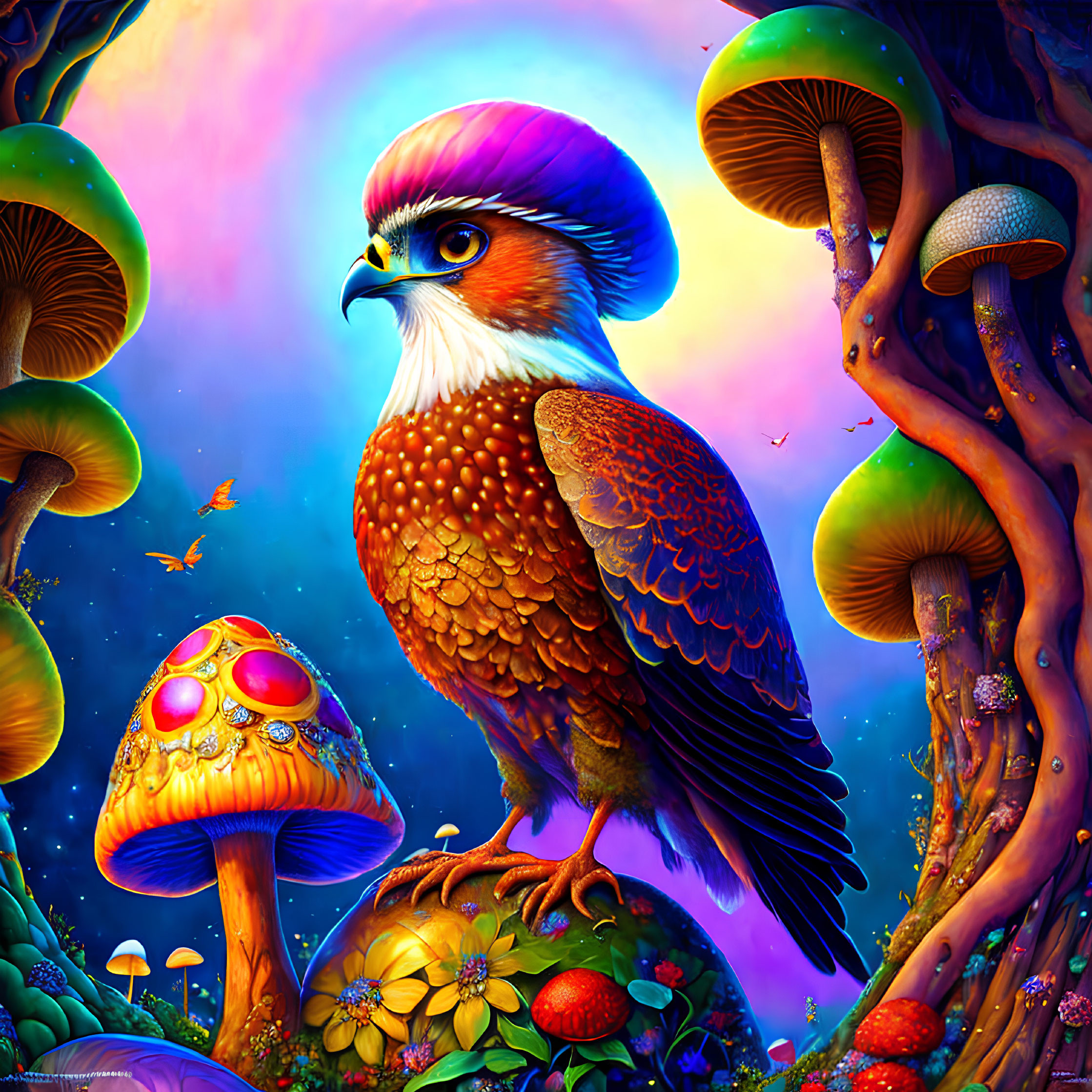 Colorful eagle on mushroom in enchanted forest with glowing flora