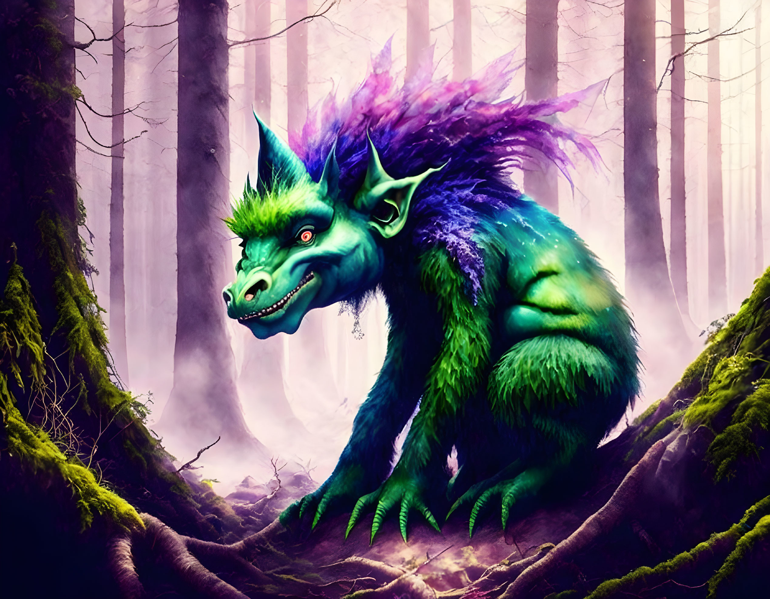 Mythical creature with green skin, large horns, and purple fur in misty forest