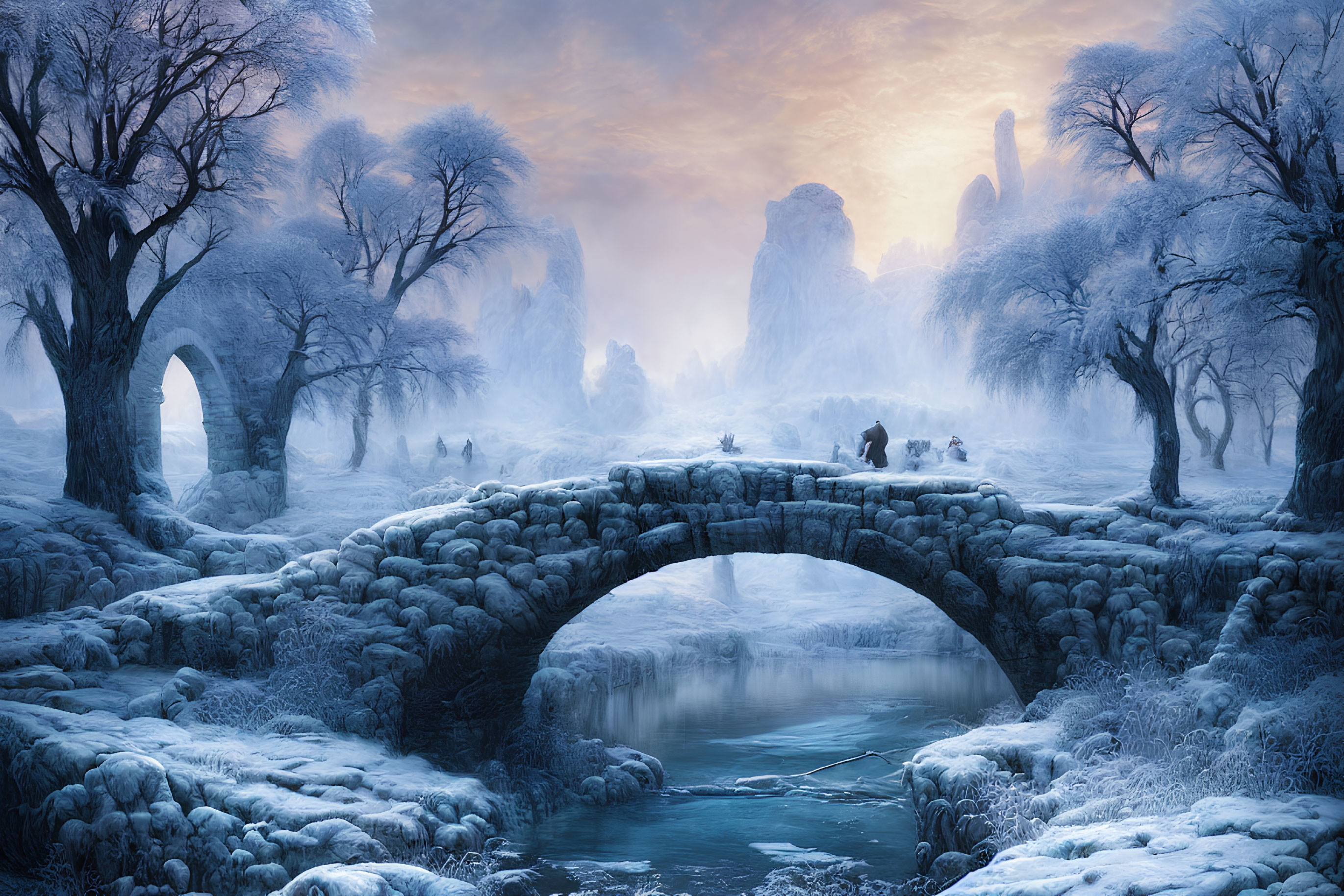 Ethereal winter scene: stone bridge, frozen river, bare trees, figures crossing at sunrise